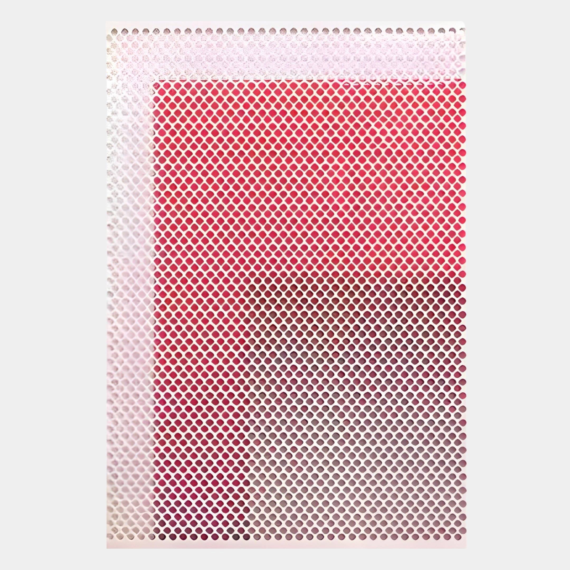 The Pixelate Scarlet Blush Acrylic 3D Wall Art by Giant Sculptures features a grid of circular cutouts over a scarlet gradient, adding modern, layered texture against a light gray background—ideal for contemporary decor lovers.