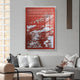 A modern living room features a white sofa, neutral cushions, a glass coffee table with a decorative branch, and the Dynasty Crimson Peaks Acrylic 3D Wall Art by Giant Sculptures as striking contemporary decor above the seating area.