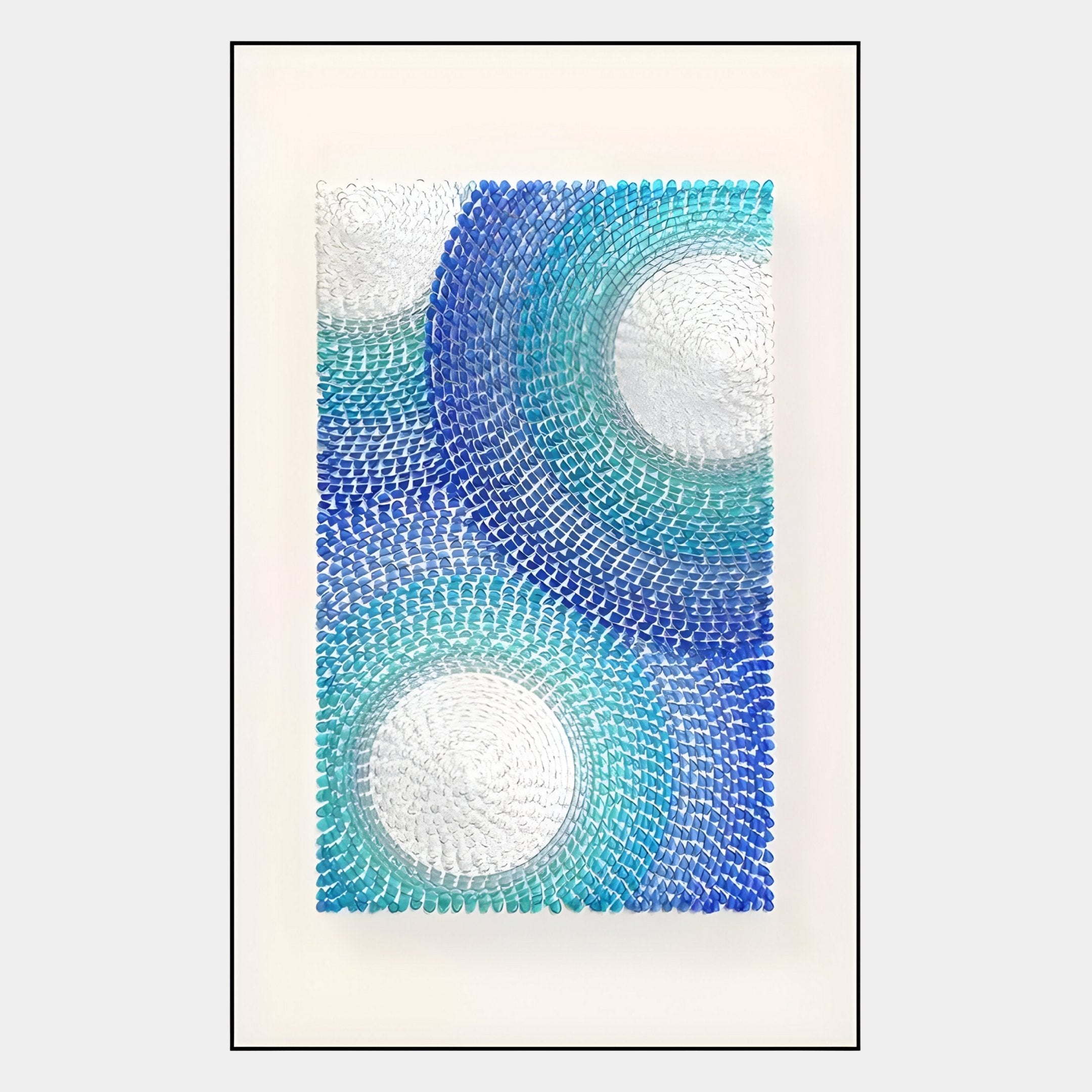 The Glaciera Ripple Blue Aqua Silver Acrylic 3D Wall Art by Giant Sculptures features concentric circles in blue, aqua, and silver, with textured raised brushstrokes on a white background, framed by a thin black border.