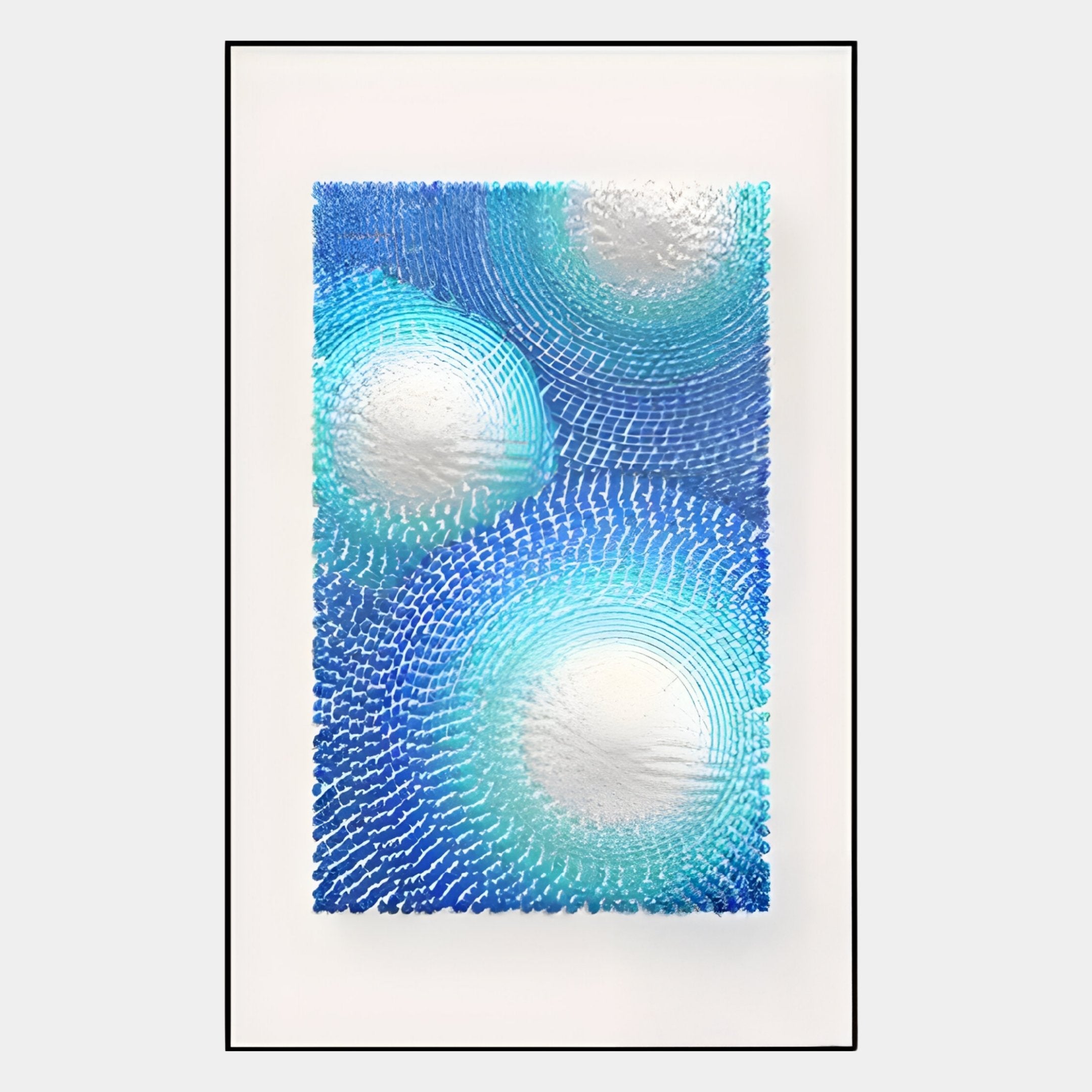 The Glaciera Turquoise Sky Silver Acrylic 3D Wall Art by Giant Sculptures features three white circles with textured blue and turquoise patterns on white, creating depth and movement for a bold piece of contemporary decor.