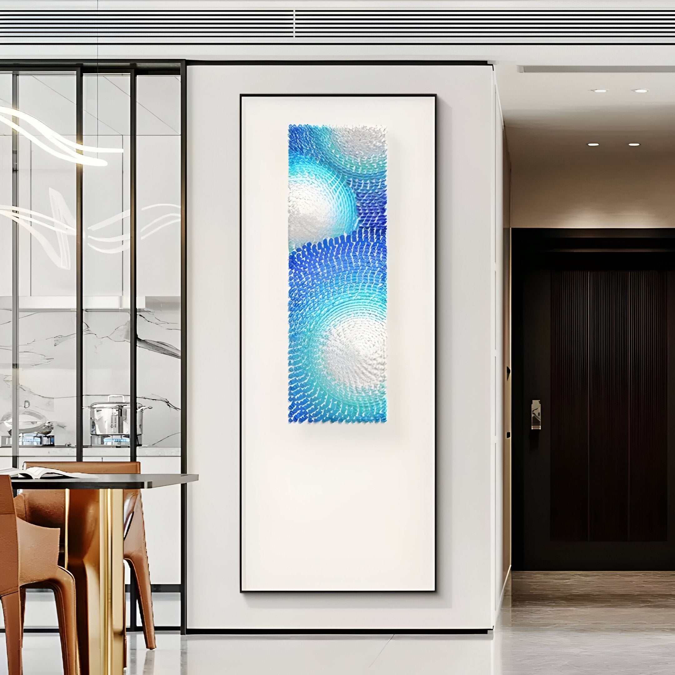 The Glaciera Azure Ice Silver Acrylic 3D Wall Art by Giant Sculptures features swirling blue, teal, and white wave-like patterns, adding a striking contemporary accent to modern interiors.