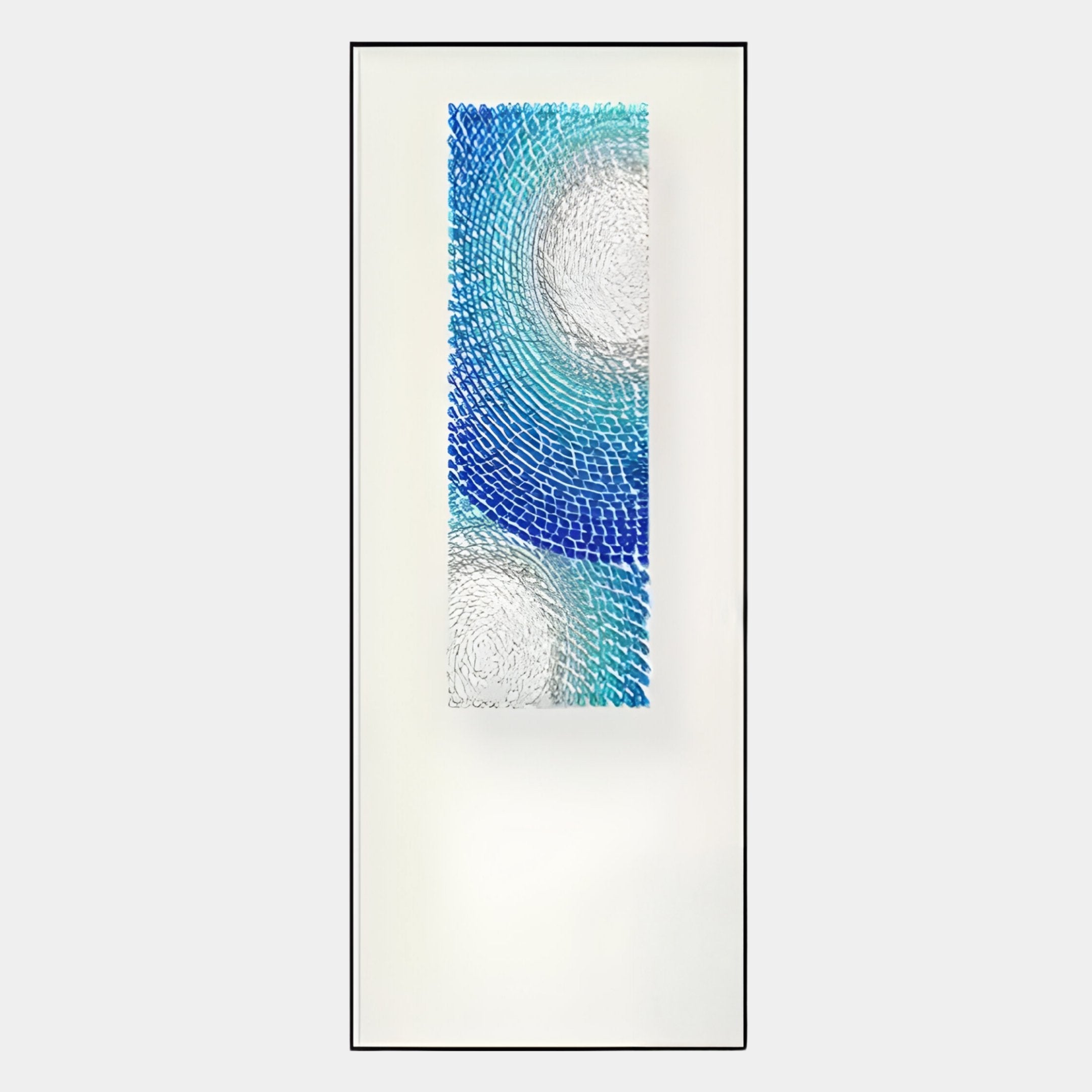 The Glaciera Cerulean Mint Silver Acrylic 3D Wall Art by Giant Sculptures features swirling blue, white, and silver patterns with textured brushstrokes and circular forms on a crisp white background.