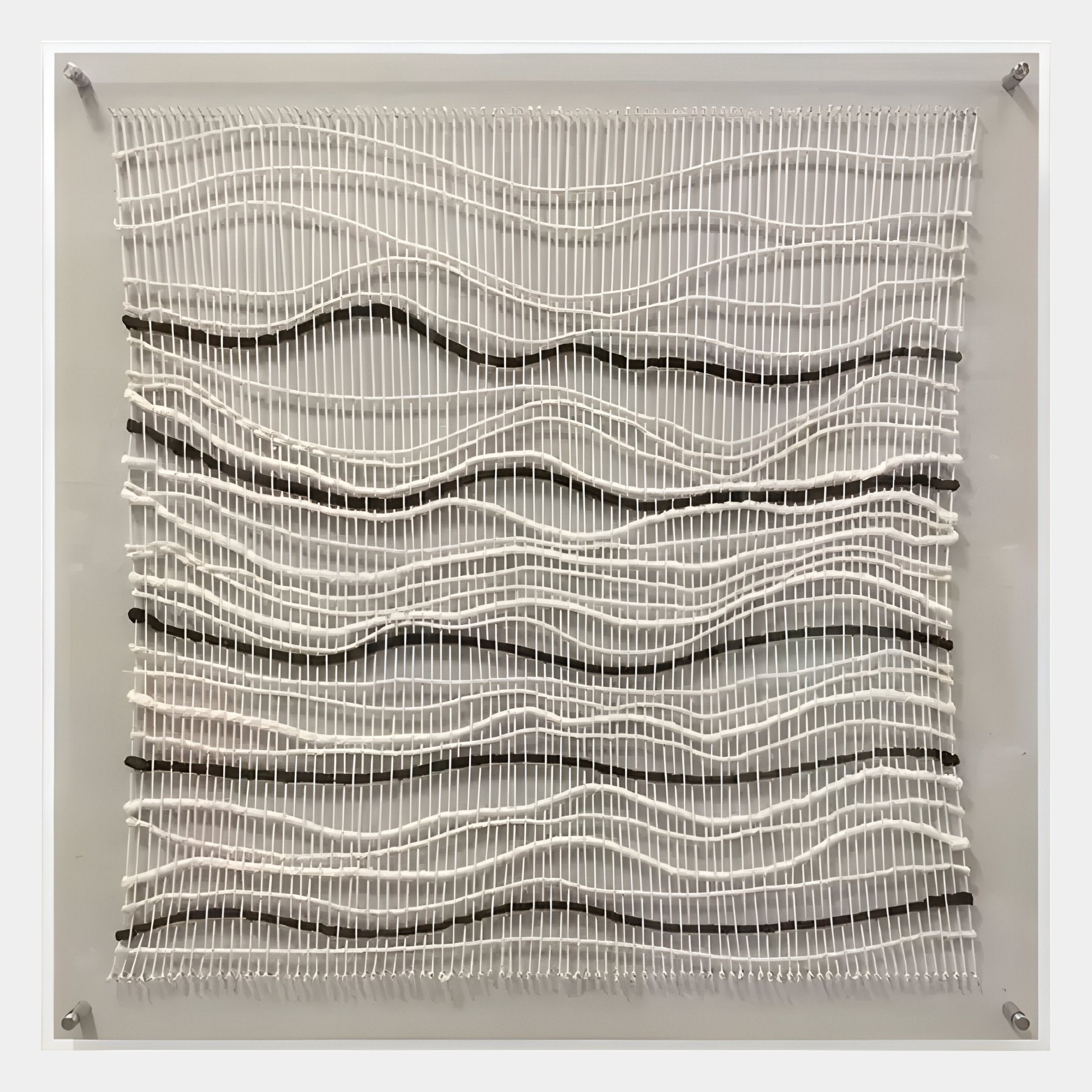 The Tanglewave Ivory & Charcoal Ripple Texture Acrylic 3D Wall Art by Giant Sculptures features parallel white and black rods in wavy, horizontal lines, creating a modern undulating pattern within a square frame on a light background.