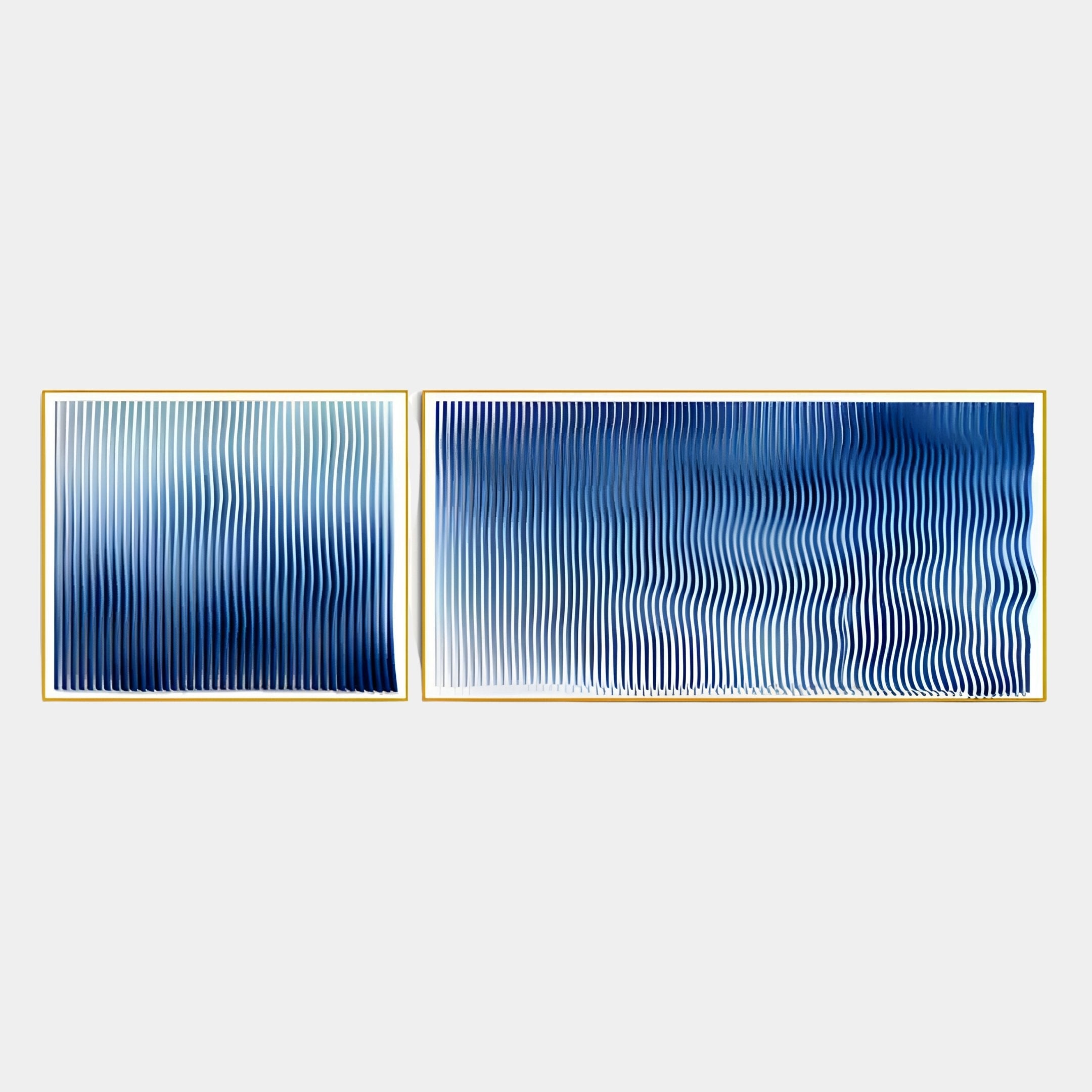 The Current I Navy Sky & Icy White Acrylic 3D Wall Art by Giant Sculptures features two modern, abstract framed pieces with blue and white wavy lines on a light gray background—one square and one rectangular—for a striking optical illusion effect.
