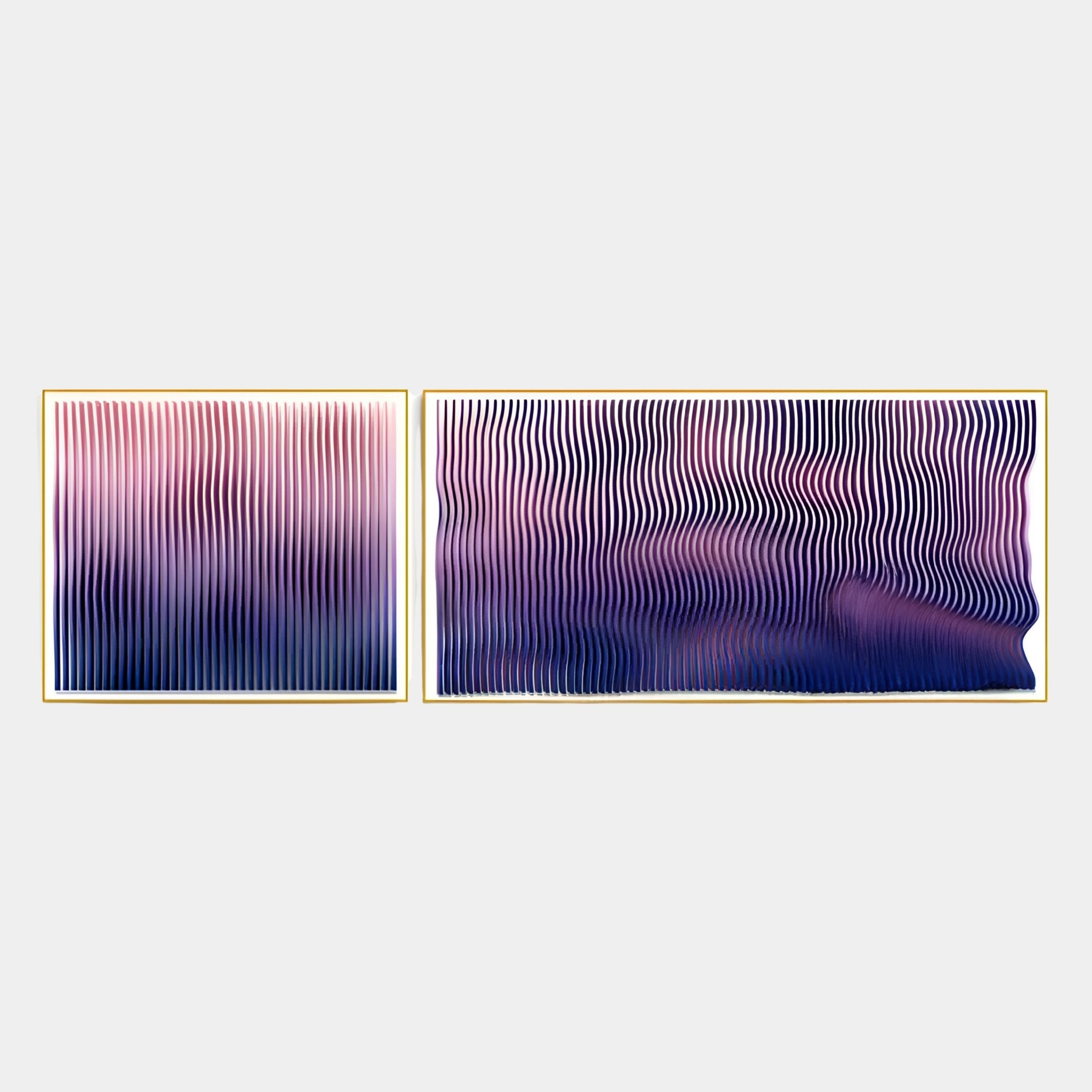 The Current I Rose Plum & Midnight Purple Acrylic 3D Wall Art by Giant Sculptures features two rectangular pieces with vertical wavy lines in blue, purple, and pink, gold frames, and a dynamic modern design.