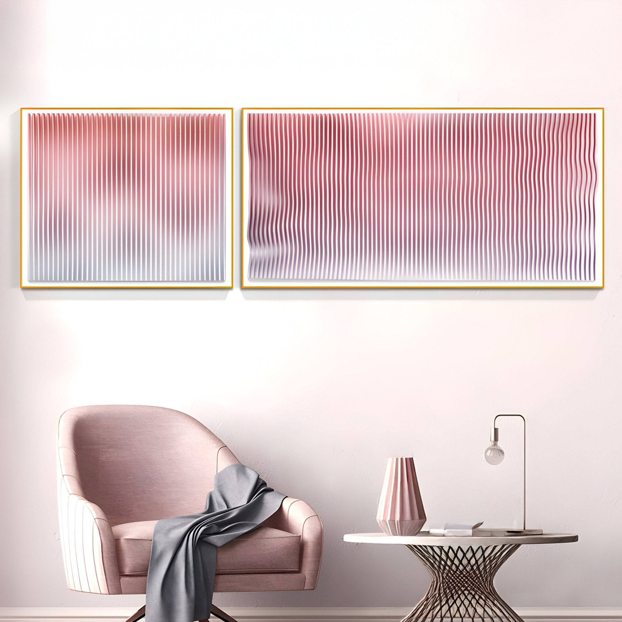 A modern living space with a pink armchair, stylish table, and the Giant Sculptures Current I Blush Coral & Snow White Acrylic 3D Wall Art, all set against a pale pink wall for chic modern decor.