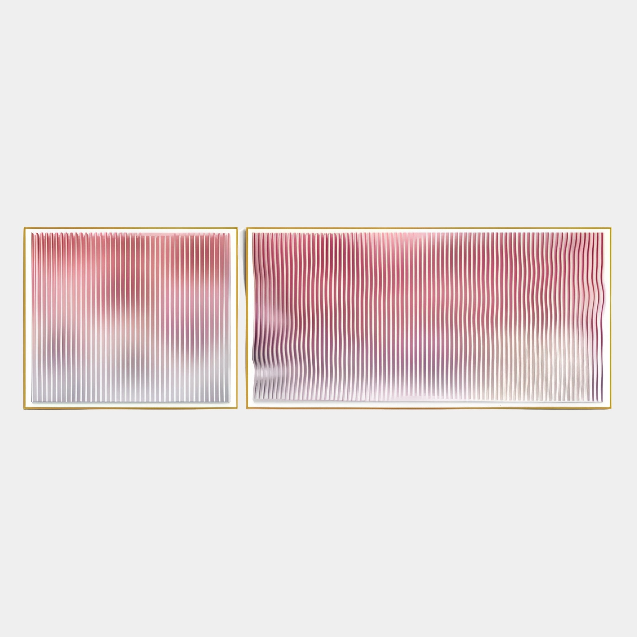 Current I Blush Coral & Snow White Acrylic 3D Wall Art by Giant Sculptures features two gold-framed panels with wavy red, pink, and white lines—an elegant modern decor choice or blush coral statement piece for your space.