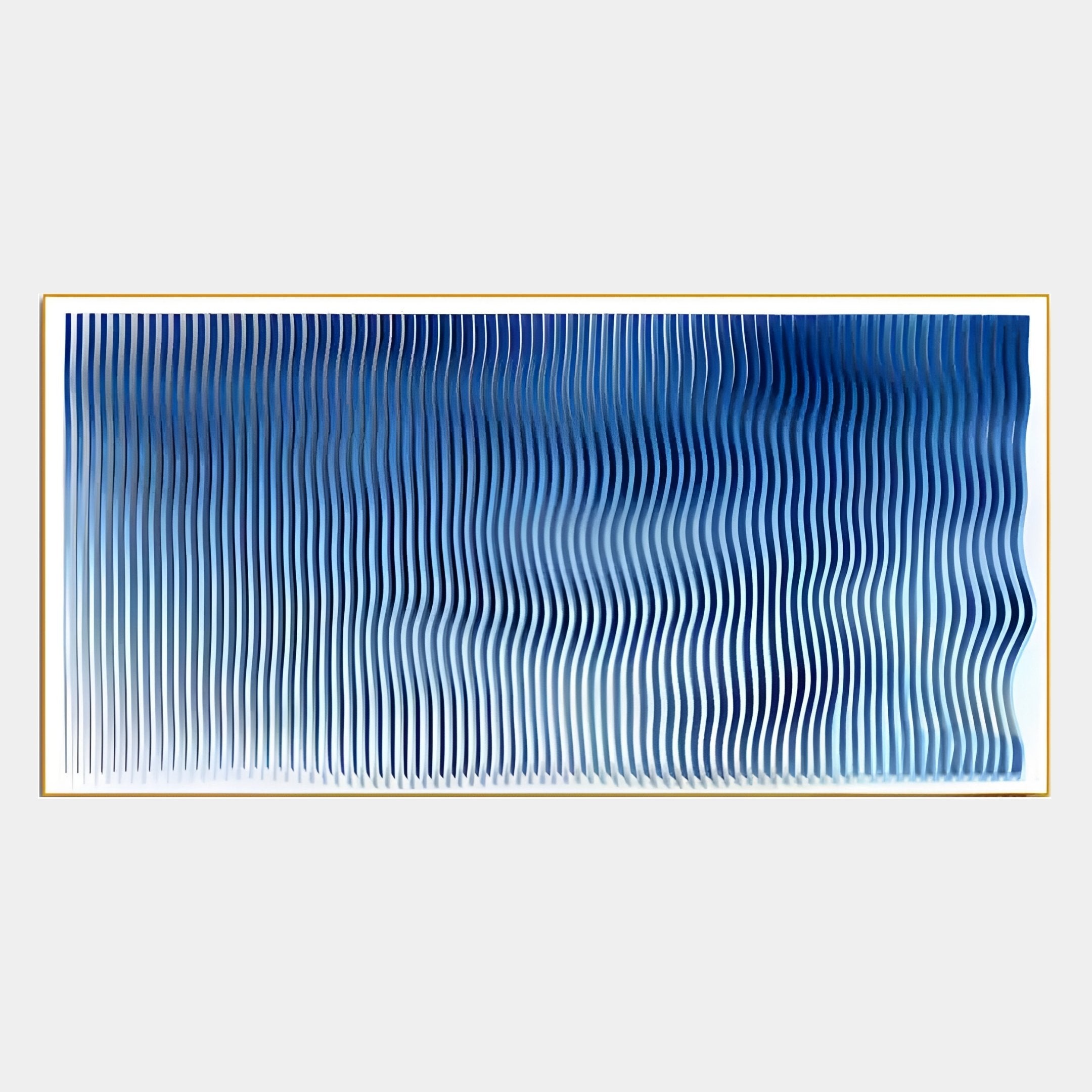 The Current II Navy Sky & Icy White Acrylic 3D Wall Art by Giant Sculptures features vertical wavy blue lines on white, creating a modern coastal illusion of movement and depth across the rectangular canvas.