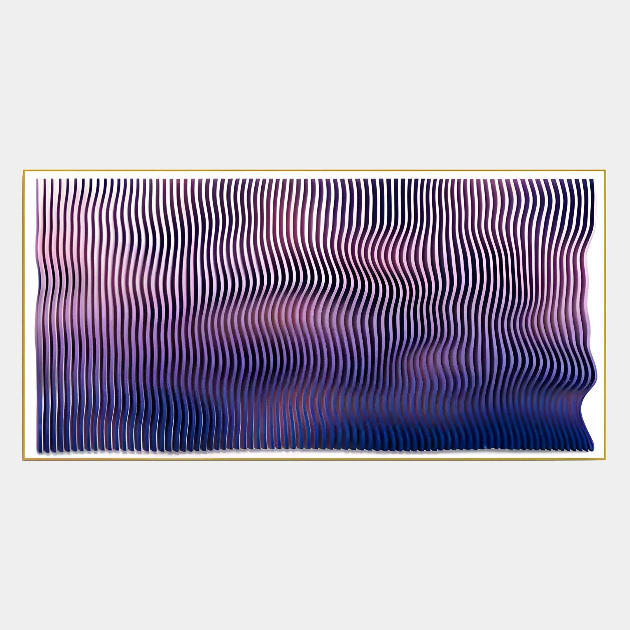 Current II Rose Plum & Midnight Purple Acrylic 3D Wall Art by Giant Sculptures features abstract midnight purple hues with vertical wavy black lines over blended pink, purple, and blue, creating an optical illusion framed in thin gold.