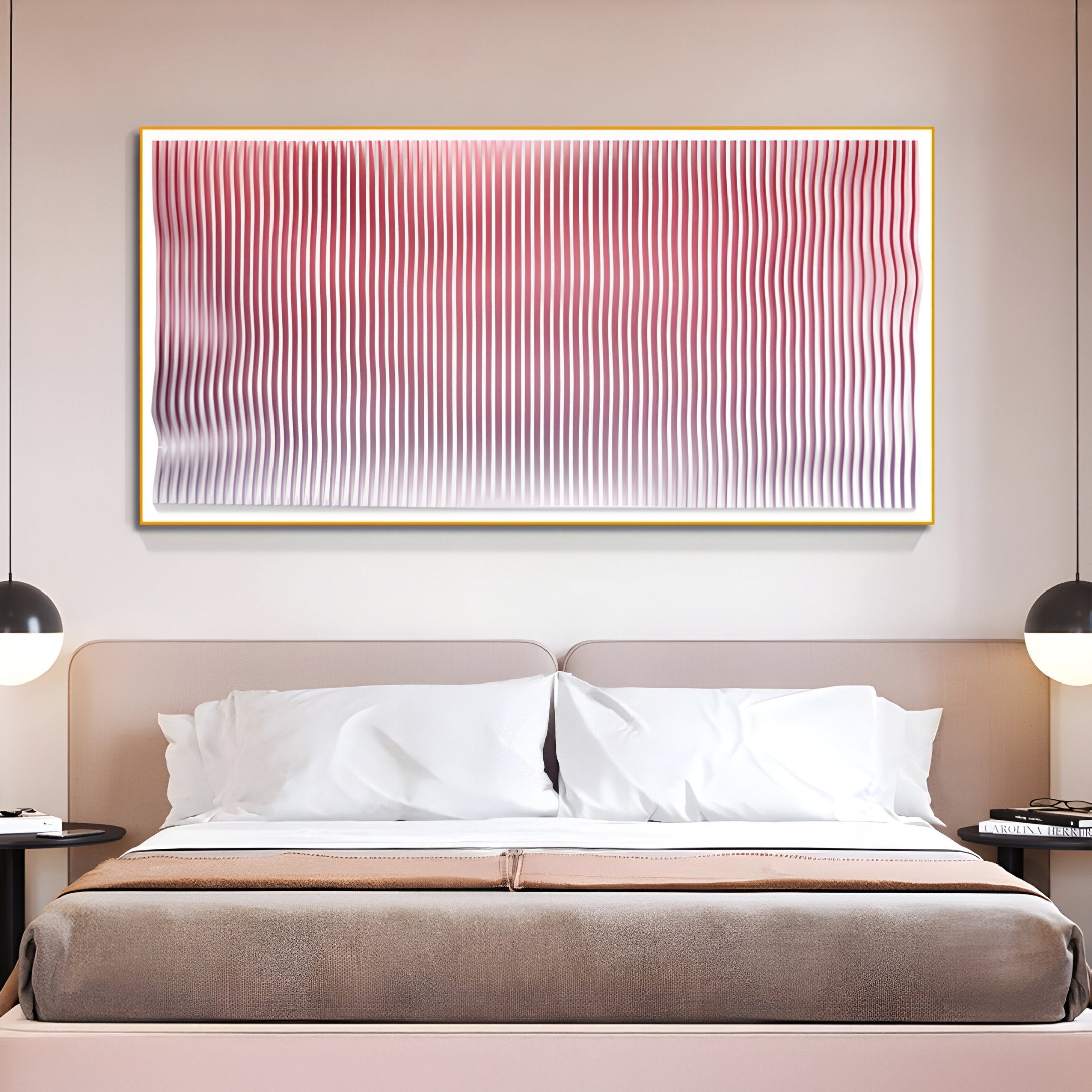 A modern bedroom features a neatly made bed with a beige headboard, two wall-mounted lamps, and Giant Sculptures’ Current II Blush Coral & Snow White Acrylic 3D Wall Art above the bed showcasing vertical red and white wavy lines.