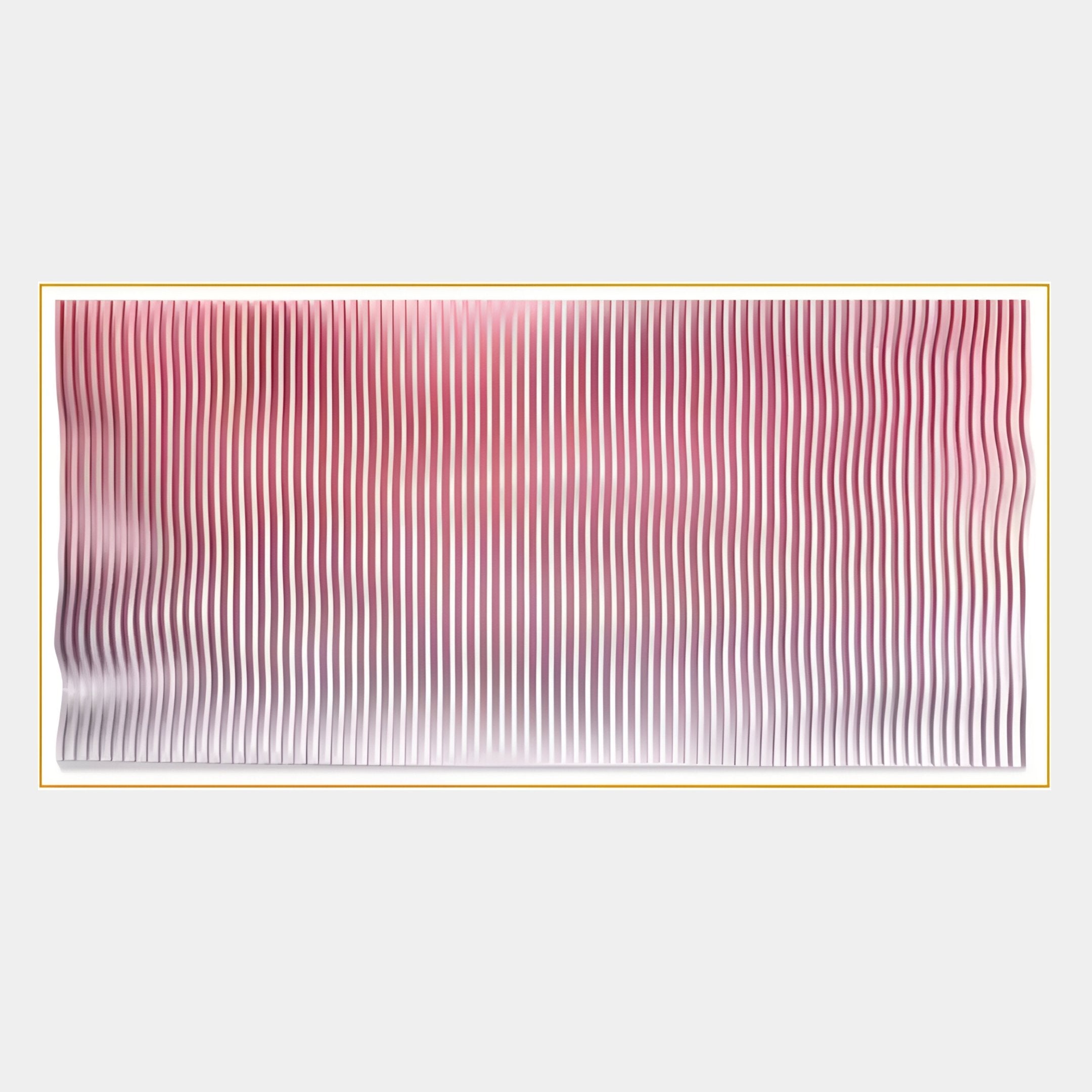 The Current II Blush Coral & Snow White Acrylic 3D Wall Art by Giant Sculptures features vertical wavy lines in blush, red, and white with varying thickness, framed by a gold border on a light gray background for modern appeal.