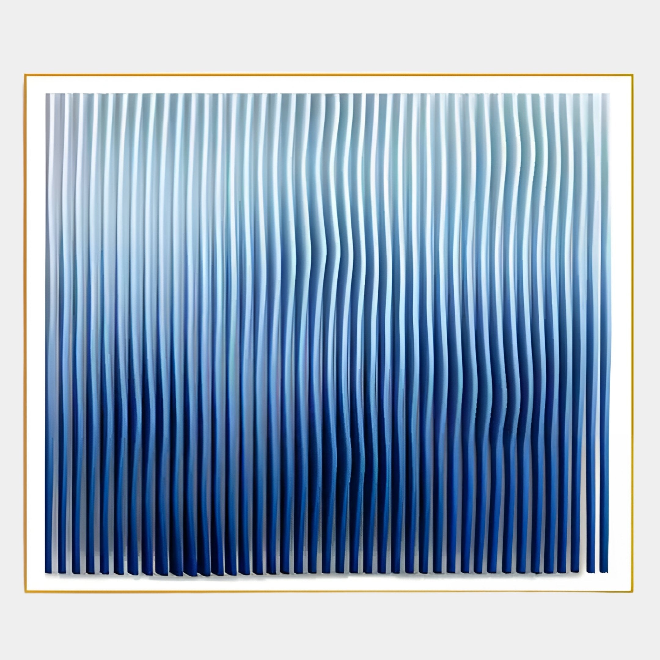 The Current III Navy Sky & Icy White Acrylic 3D Wall Art by Giant Sculptures features abstract vertical wavy blue lines with a dark-to-light ombré on a white background, framed by a slim gold border for modern appeal.
