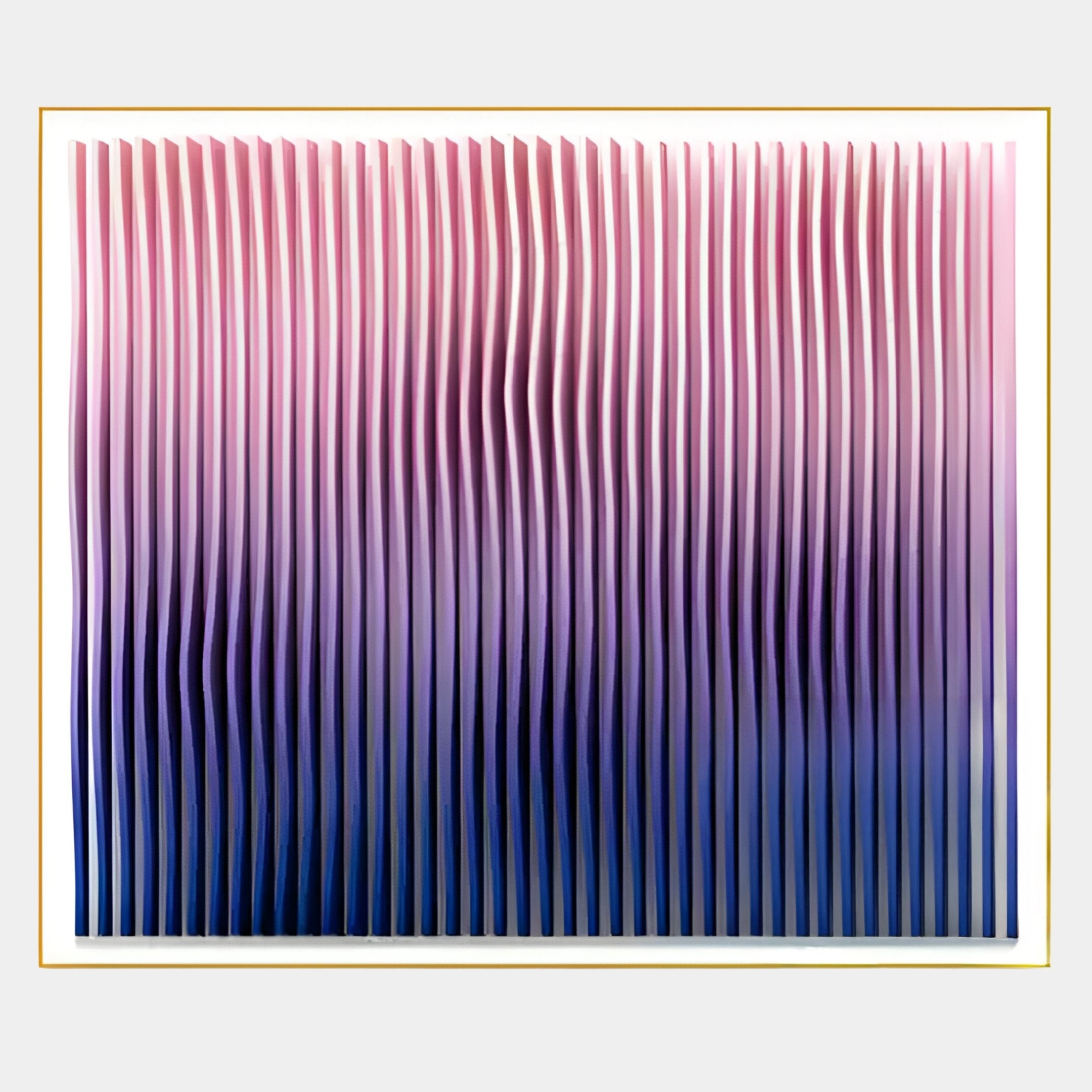 The Current III Rose Plum & Midnight Purple Acrylic 3D Wall Art by Giant Sculptures features vertical, wavy lines that create an abstract ombré gradient from light pink to deep blue, enhanced by a thin gold frame for modern depth and style.