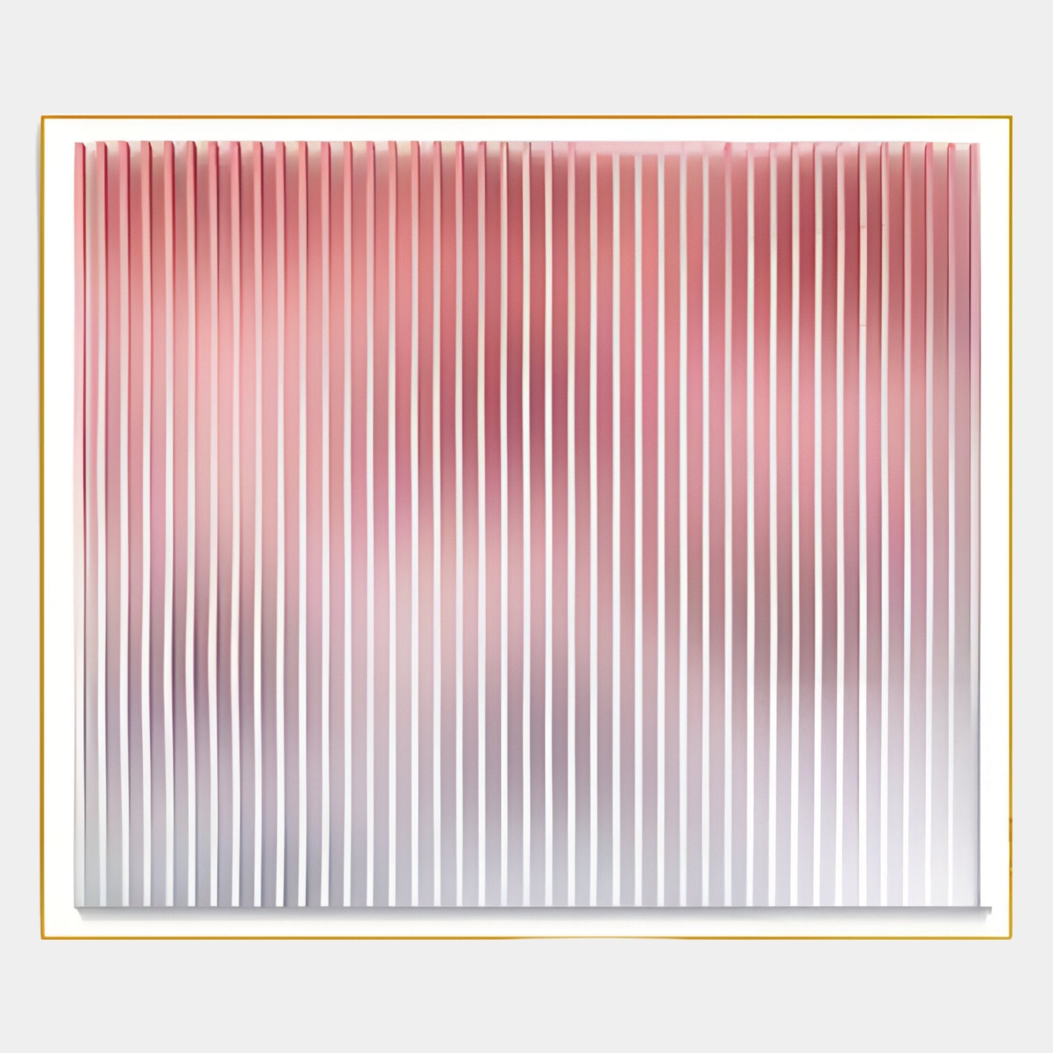 The Giant Sculptures Current III Blush Coral & Snow White Acrylic 3D Wall Art showcases vertical, evenly spaced ridges with a smooth pink, red, and white gradient for added depth and texture.