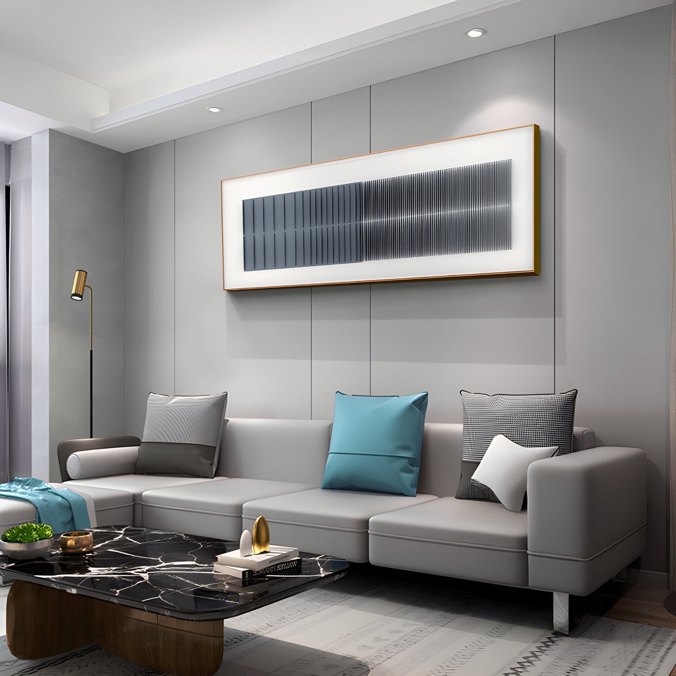 A modern living room with a sleek gray sectional, colorful pillows, a marble coffee table, bright lighting, minimalist decor, a gold floor lamp, and Giant Sculptures Flowline Slate Blue Gradient Acrylic 3D Wall Art.