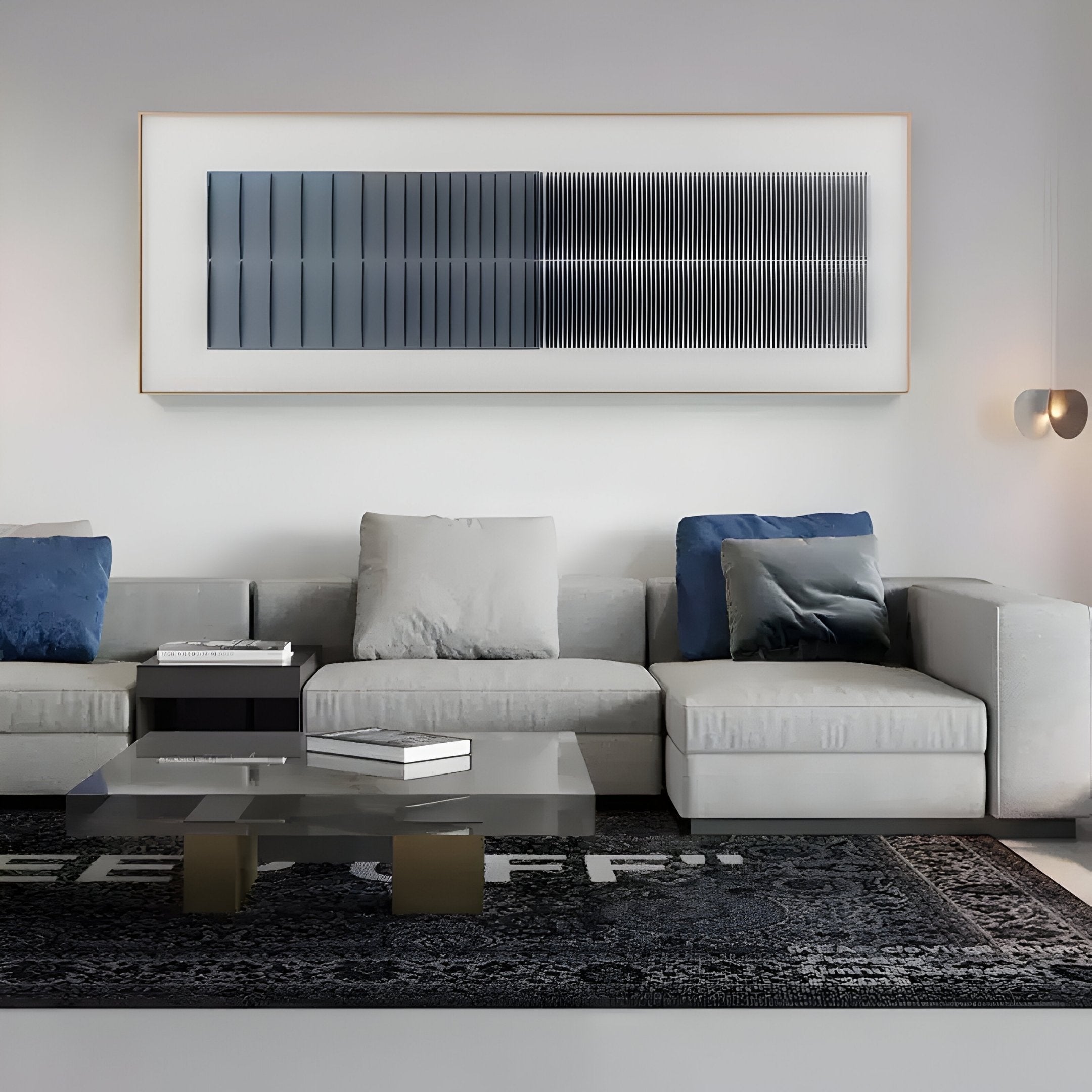 A modern living room featuring a light gray sectional, blue and gray cushions, a glass coffee table, black patterned rug, and the Flowline Slate Blue Gradient Acrylic 3D Wall Art by Giant Sculptures completes this stylish space.