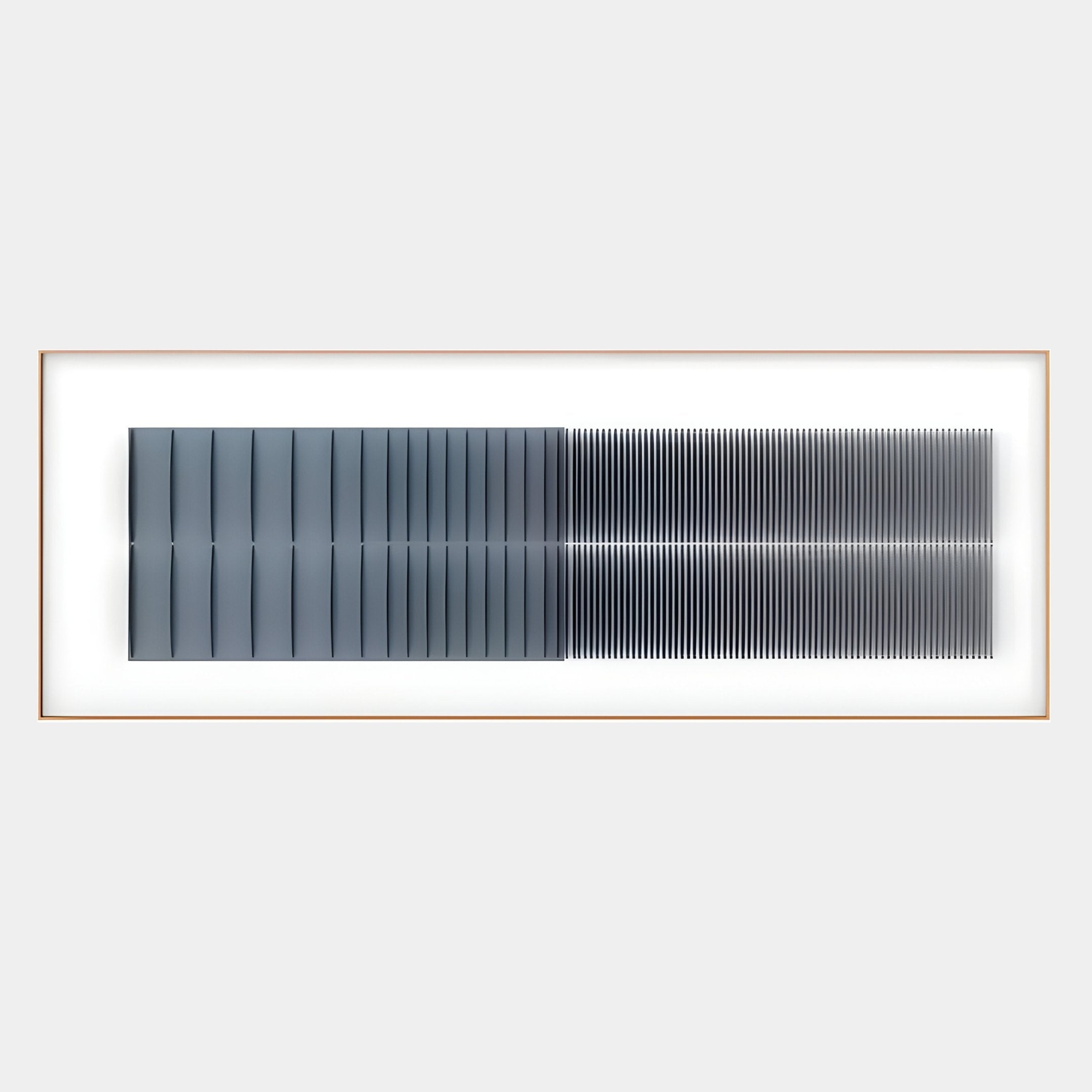 The Flowline Slate Blue Gradient Acrylic 3D Wall Art by Giant Sculptures features vertical gray bars transitioning from wide to narrow, creating a sleek modern gradient—ideal for living room decor against a white background.