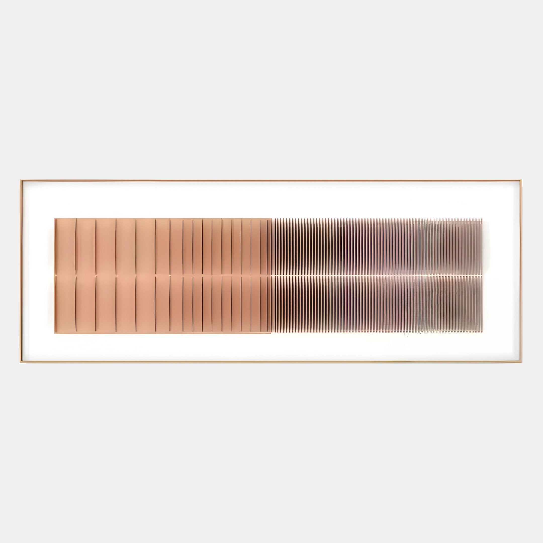 The Flowline Copper Blush Gradient Acrylic 3D Wall Art by Giant Sculptures features vertical copper lines, solid on the left and thinning to spaced lines on the right, all set against a white background in a rectangular frame.