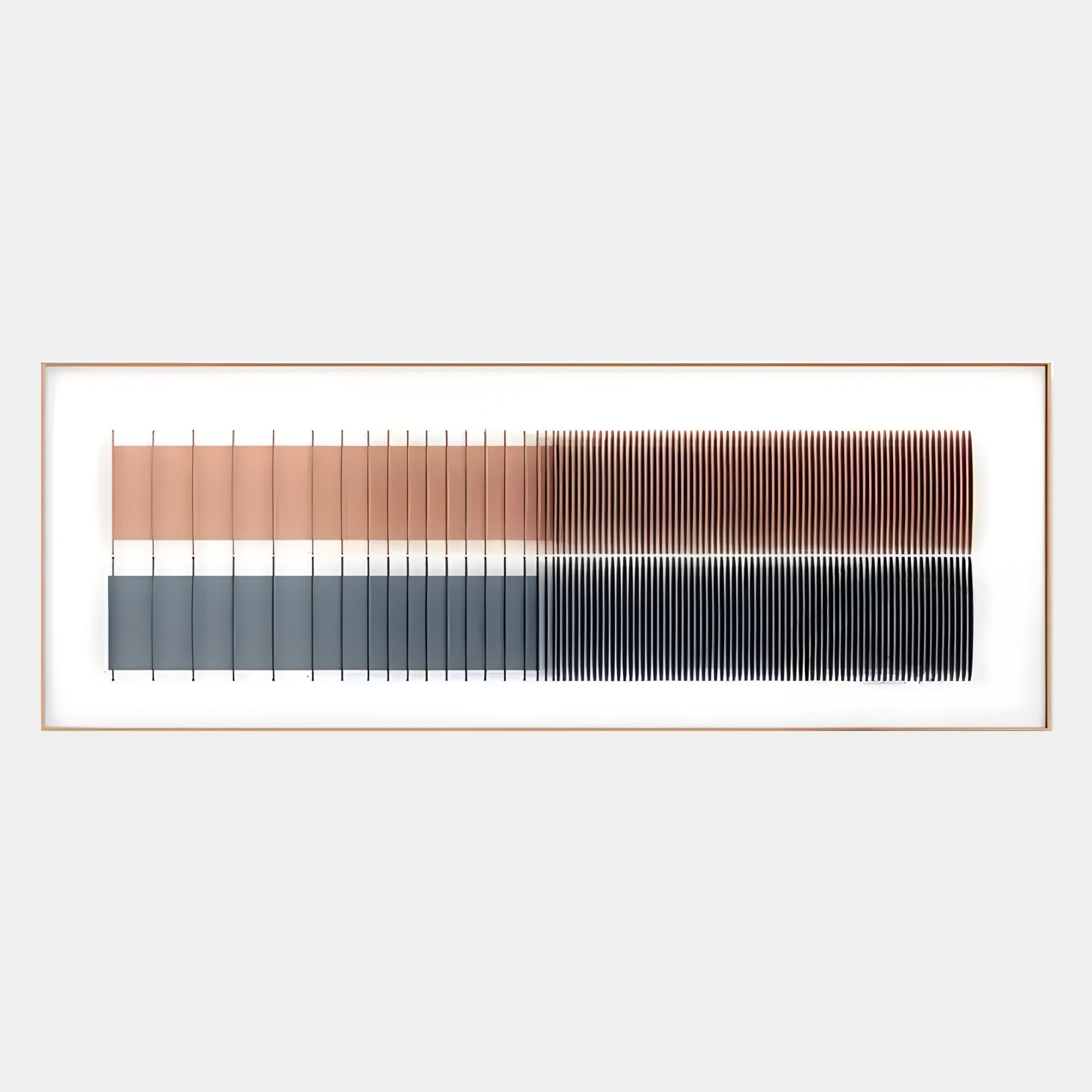 Flowline I Dual Tone Copper & Charcoal Acrylic 3D Wall Art by Giant Sculptures features two rows of vertical bars in peach, brown, gray, and black on white—ideal for modern decor.