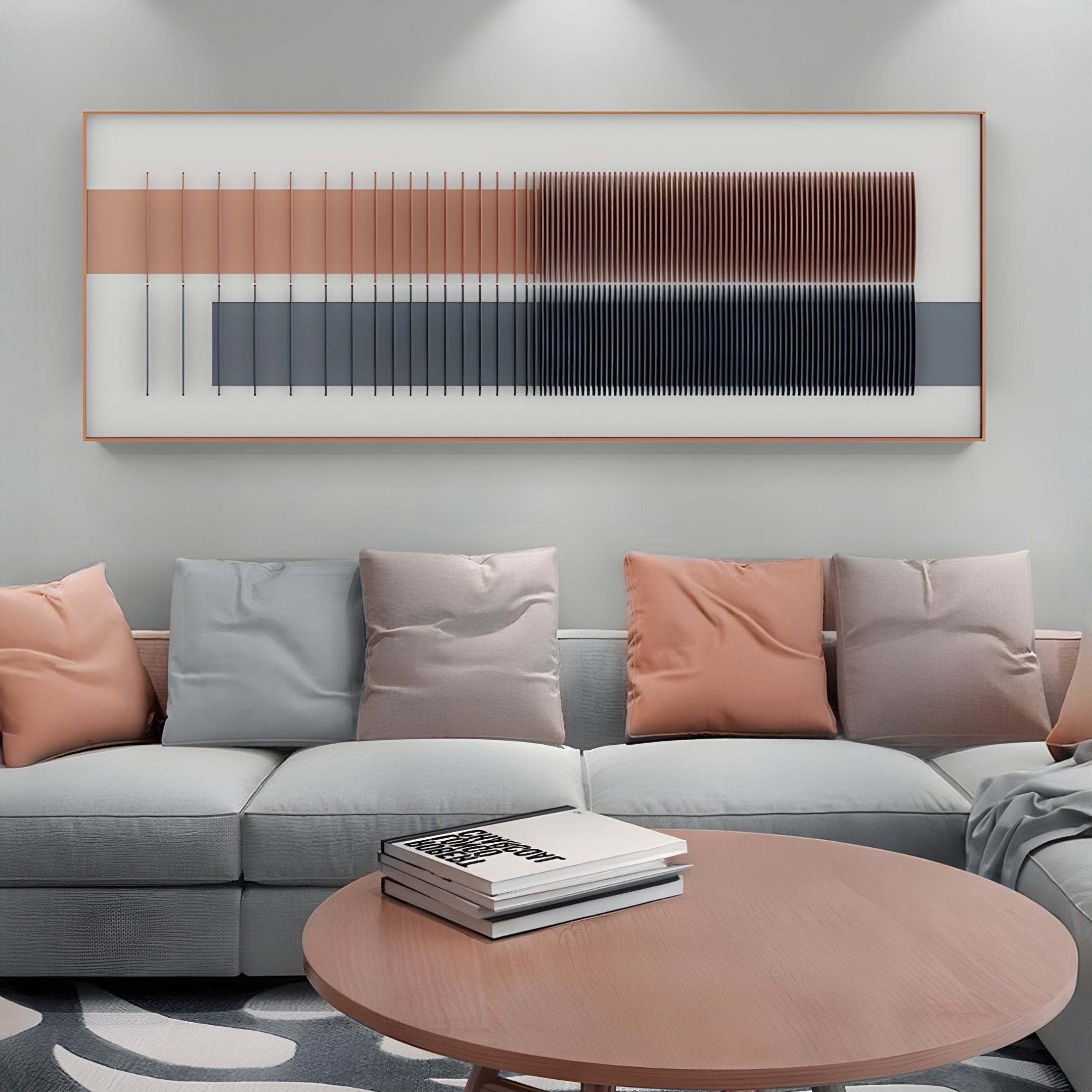 A modern living room with a light gray sofa, pastel blue and peach cushions, a round wooden coffee table with books, and Giant Sculptures Flowline II Dual Tone Copper & Charcoal Acrylic 3D Wall Art as striking interior decor.
