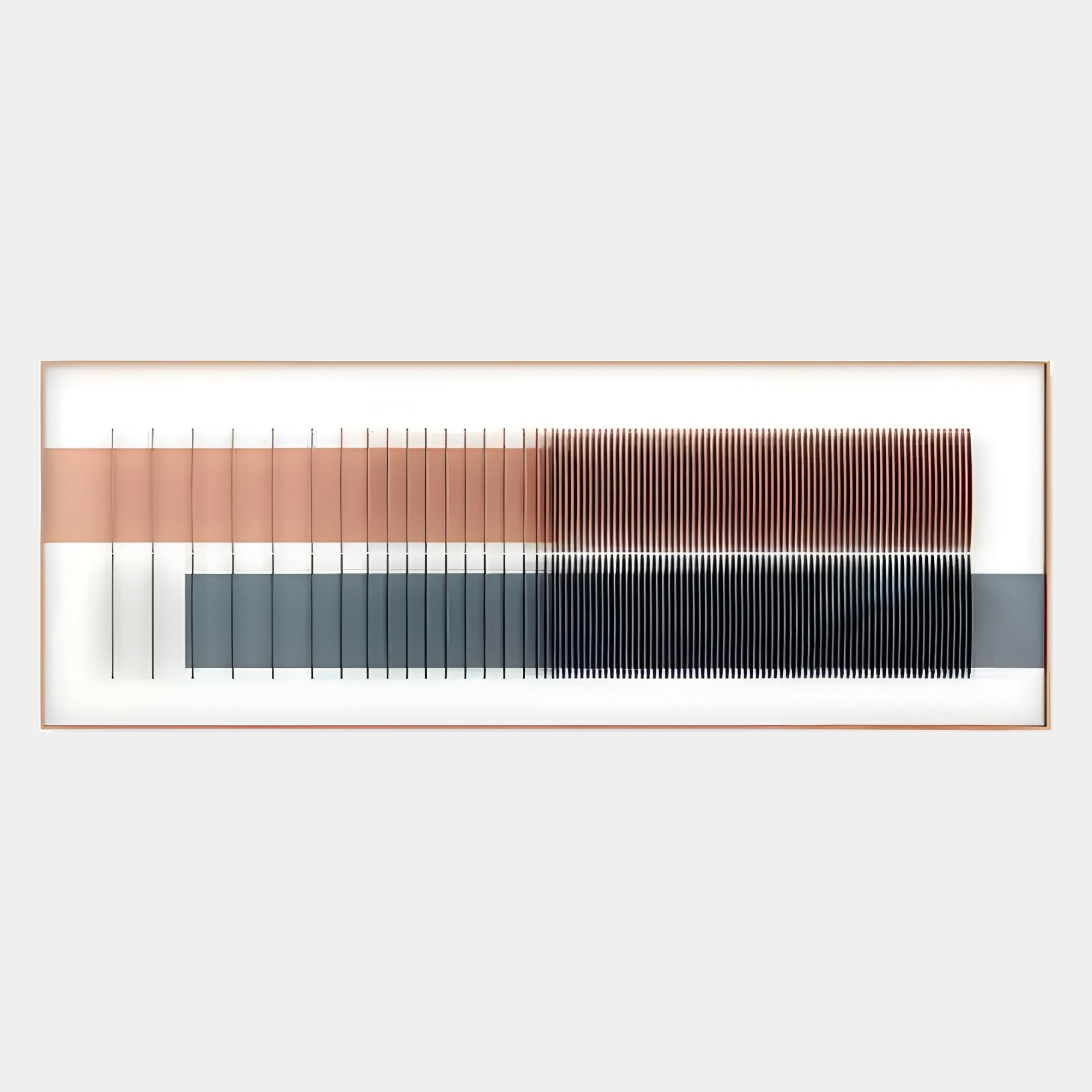 Flowline II Dual Tone Copper & Charcoal Acrylic 3D Wall Art by Giant Sculptures features vertical lines and overlapping bands in muted tones, creating a modern statement piece for interiors with its sleek thin frame and white background.