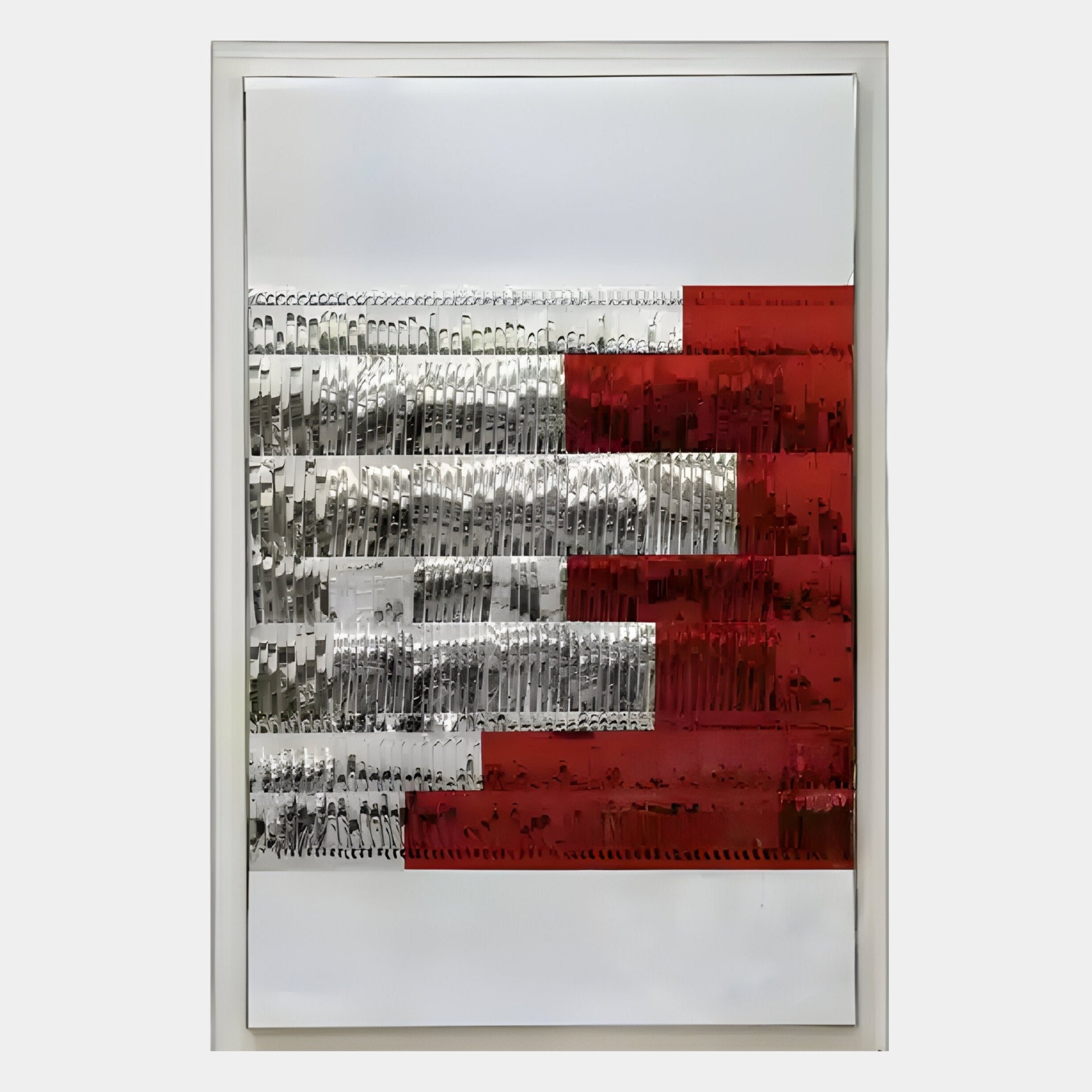 Rhythm Crimson & Silver Layered Stripe Leather 3D Wall Art by Giant Sculptures features alternating reflective silver and opaque red bands on a white background, creating a textured, modern look—perfect as statement wall decor.