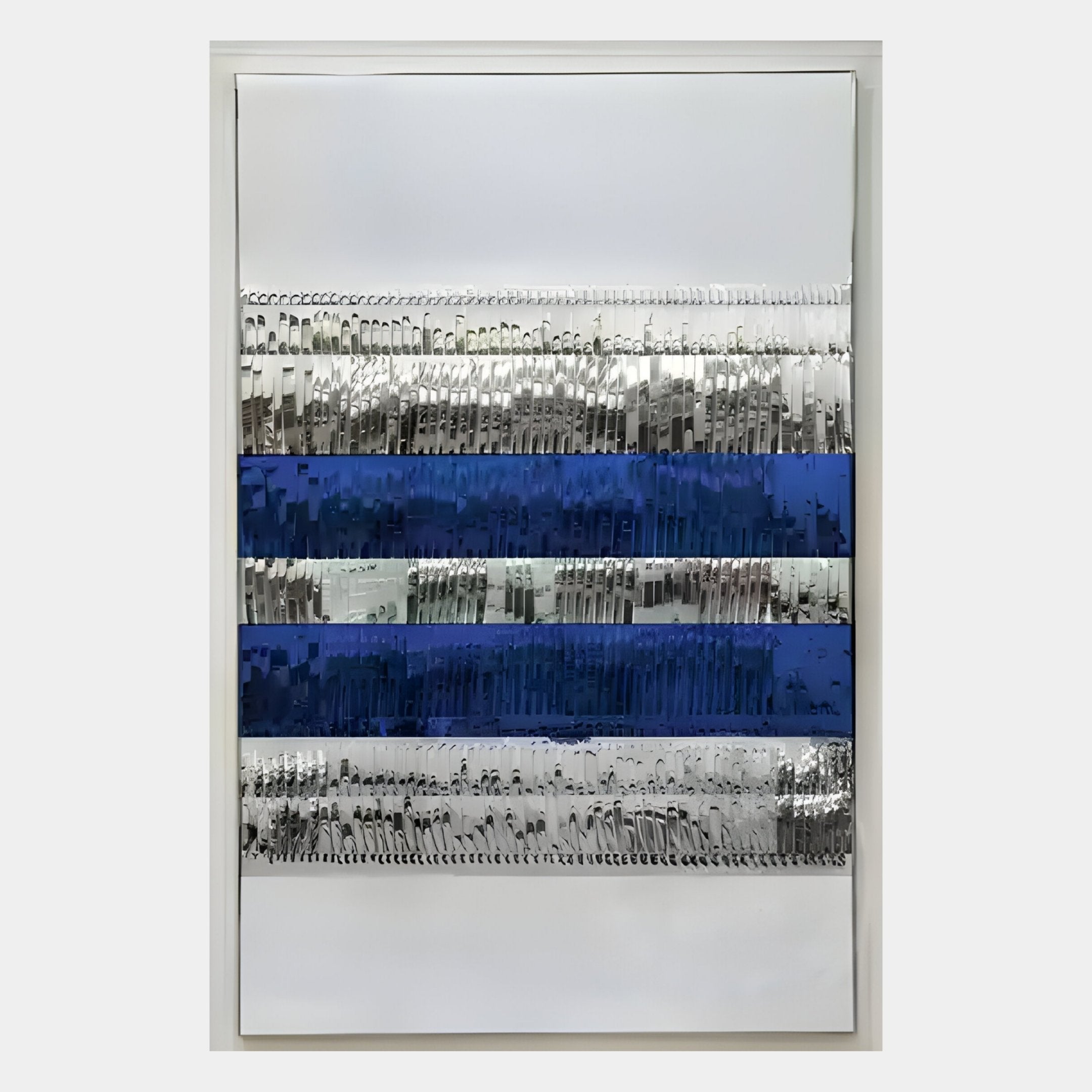 The Rhythm Sapphire & Silver Layered Stripe Leather 3D Wall Art by Giant Sculptures features deep blue and metallic silver horizontal stripes with a textured, reflective surface, framed in white for striking modern geometric wall decor.