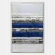The Rhythm Sapphire & Silver Layered Stripe Leather 3D Wall Art by Giant Sculptures features deep blue and metallic silver horizontal stripes with a textured, reflective surface, framed in white for striking modern geometric wall decor.