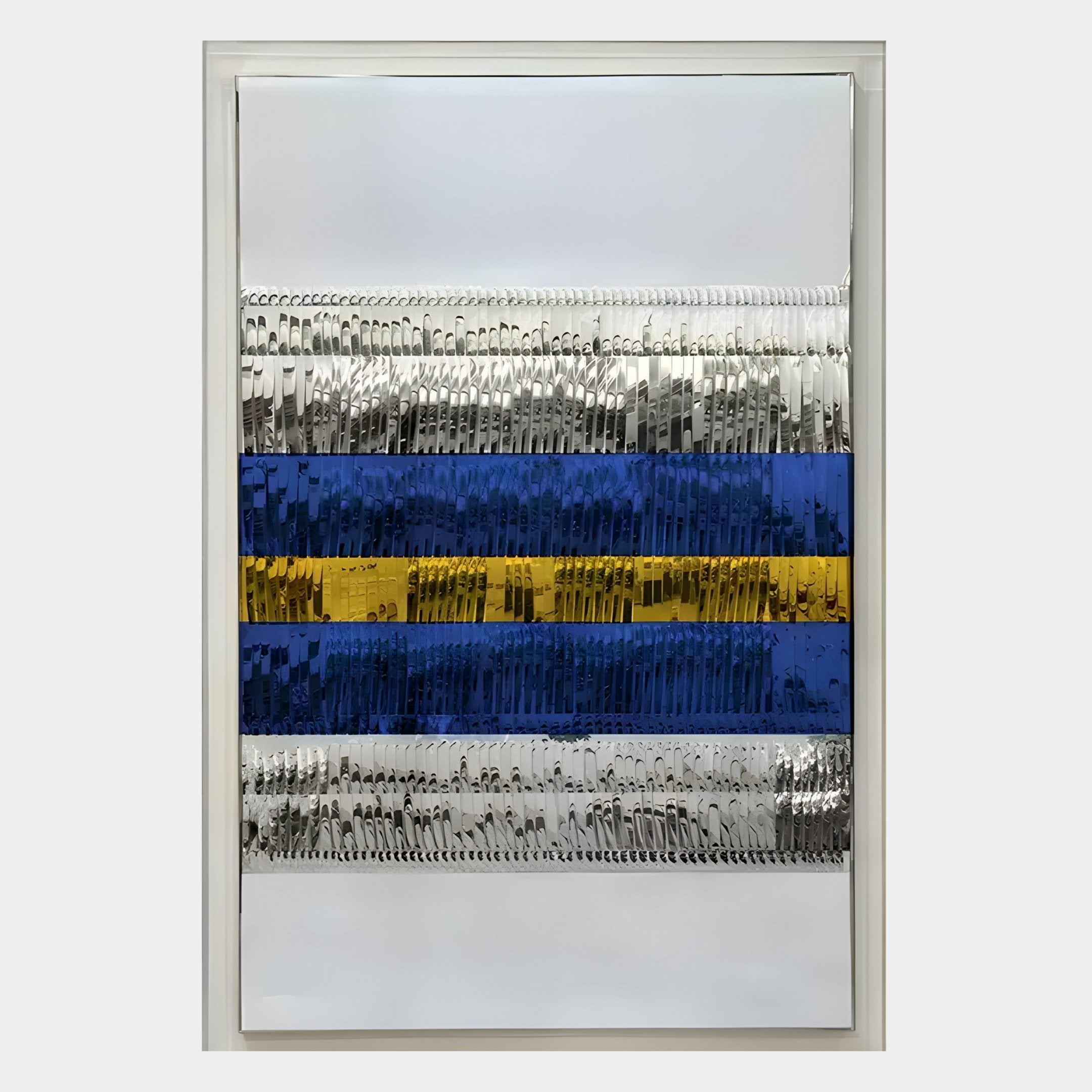 The Rhythm Sapphire & Gold Layered Stripe Leather 3D Wall Art by Giant Sculptures features horizontal bands of reflective silver, deep blue, and gold on a textured surface, creating a shimmering modern abstract effect.