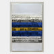 Rhythm Sapphire and Gold Layered Stripe Leather 3D Wall Art by Giant Sculptures, with horizontal silver, blue, and gold layered bands framed on a white wall.