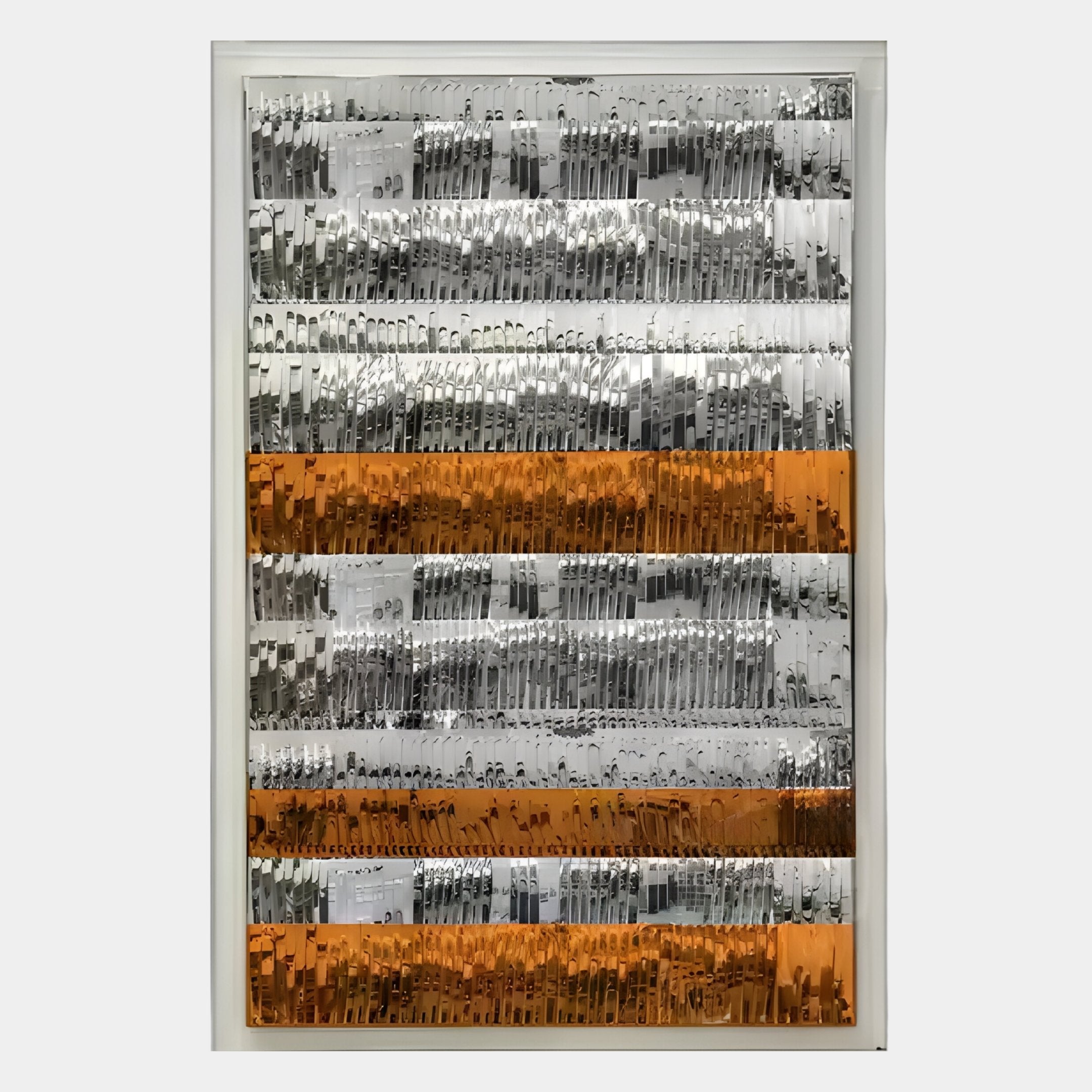 The Rhythm Tangerine & Silver Layered Stripe Leather 3D Wall Art by Giant Sculptures features silver and orange utensils arranged in stylish stripes on a white background, bringing bold modern flair to your space.