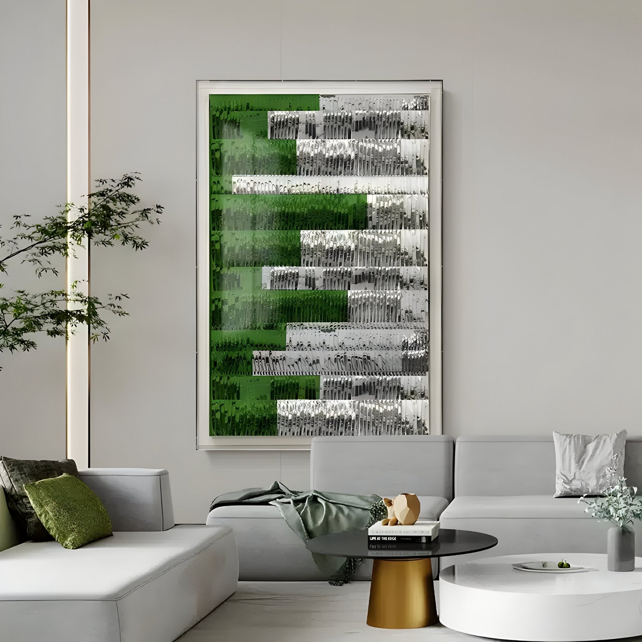 A modern living room featuring the Rhythm Emerald & Silver Layered Stripe Leather 3D Wall Art by Giant Sculptures, a light gray sectional sofa with green accent pillows, a black round coffee table, and a potted plant in the corner.