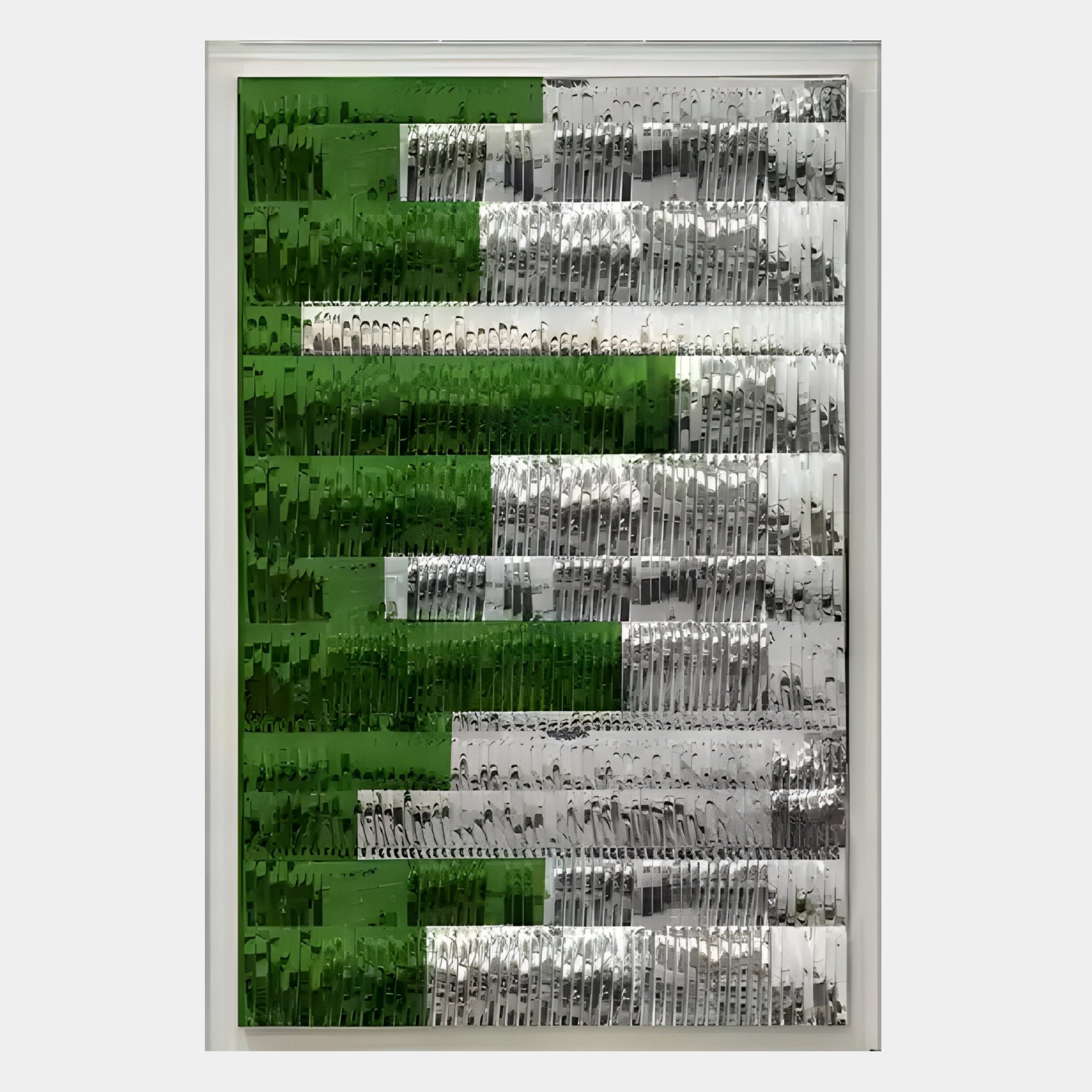 The Rhythm Emerald & Silver Layered Stripe Leather 3D Wall Art by Giant Sculptures features alternating horizontal green and silver reflective bands, arranged to create a textured, shimmering effect.