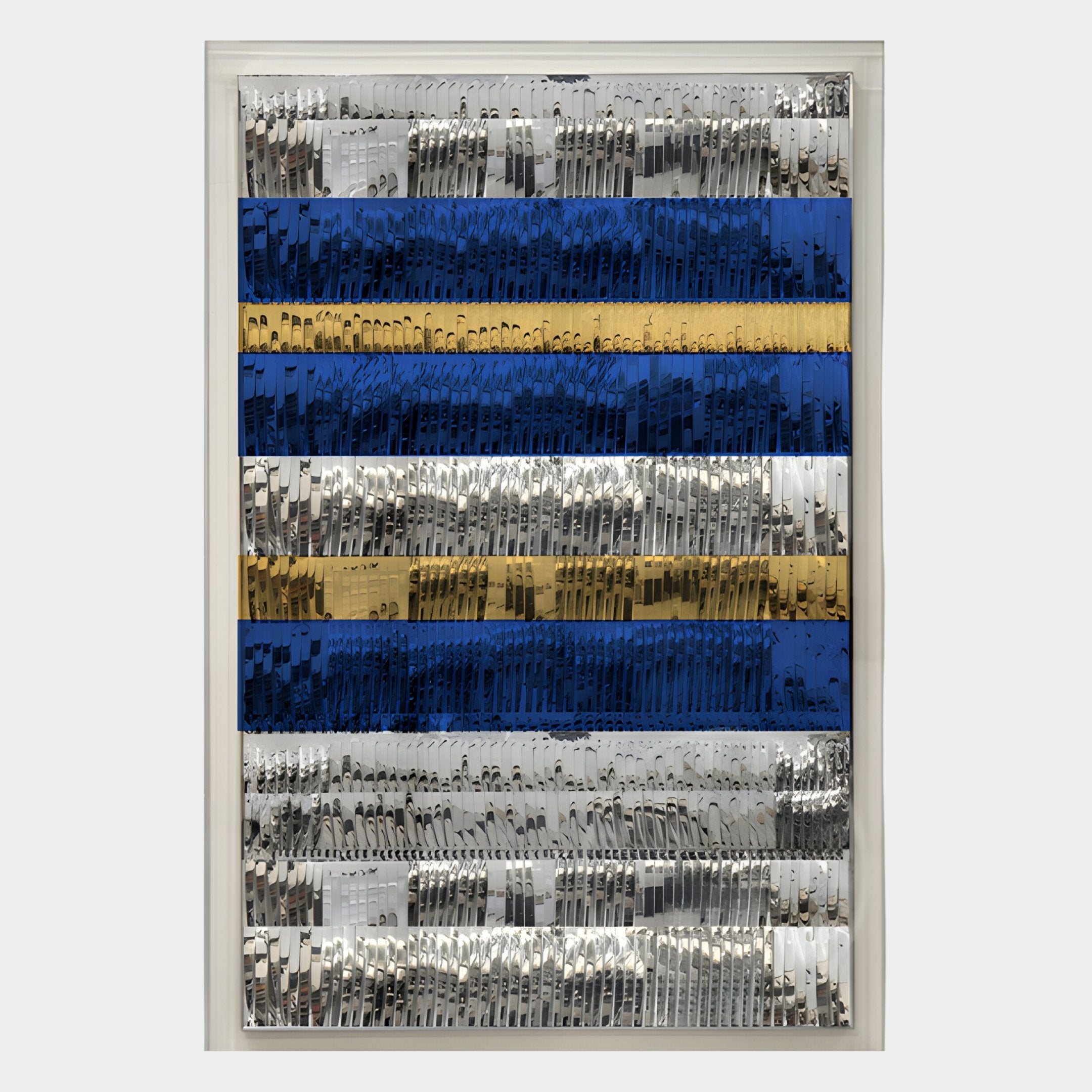 The Rhythm Sapphire & Gold Layered Stripe Leather 3D Wall Art by Giant Sculptures features vertically arranged silverware in metallic silver, blue, and gold bands, neatly framed in white for a striking modern statement.