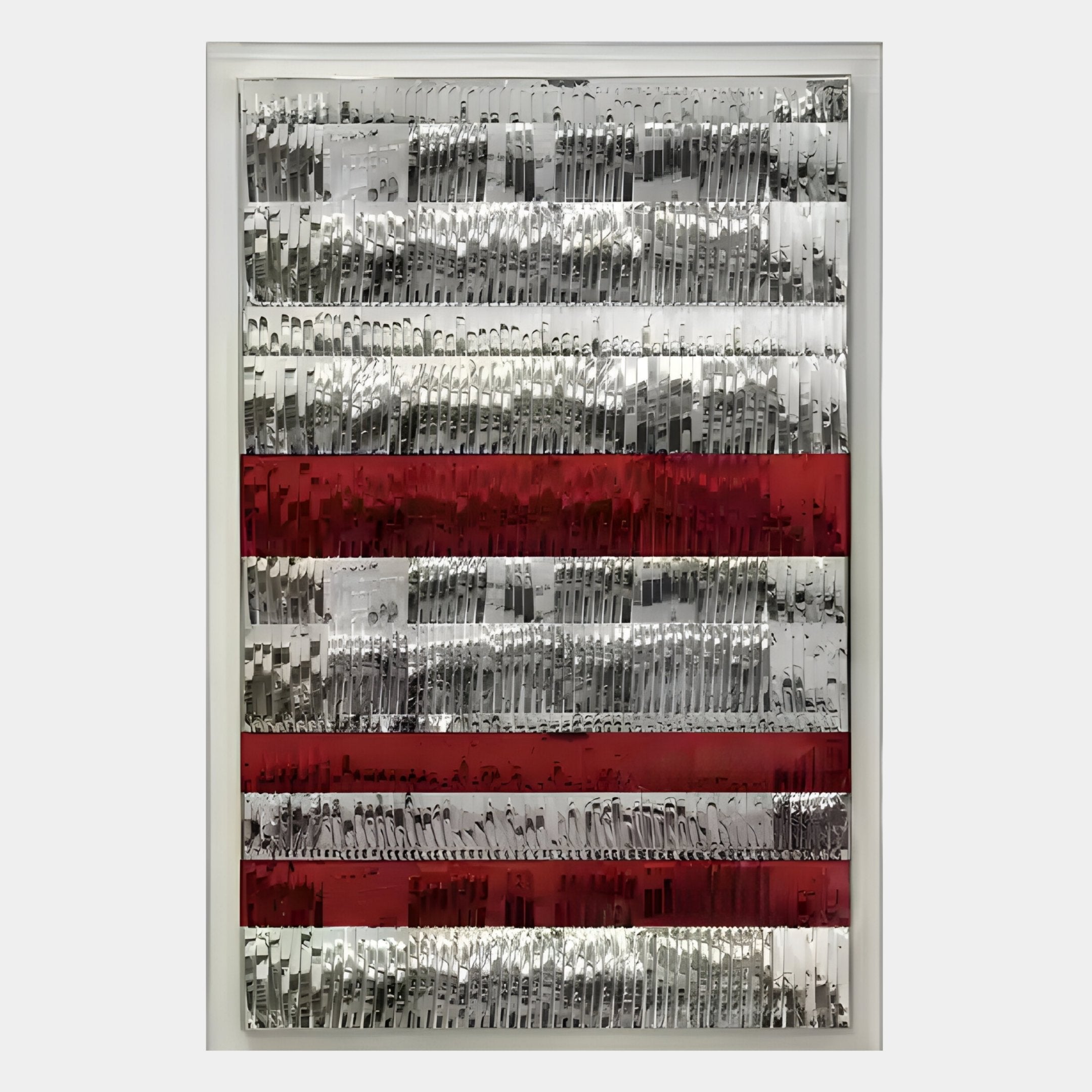The Rhythm Crimson & Silver Layered Stripe Leather 3D Wall Art by Giant Sculptures features textured, reflective horizontal rows with three bold red stripes, creating a strikingly modern and contemporary statement for your wall.