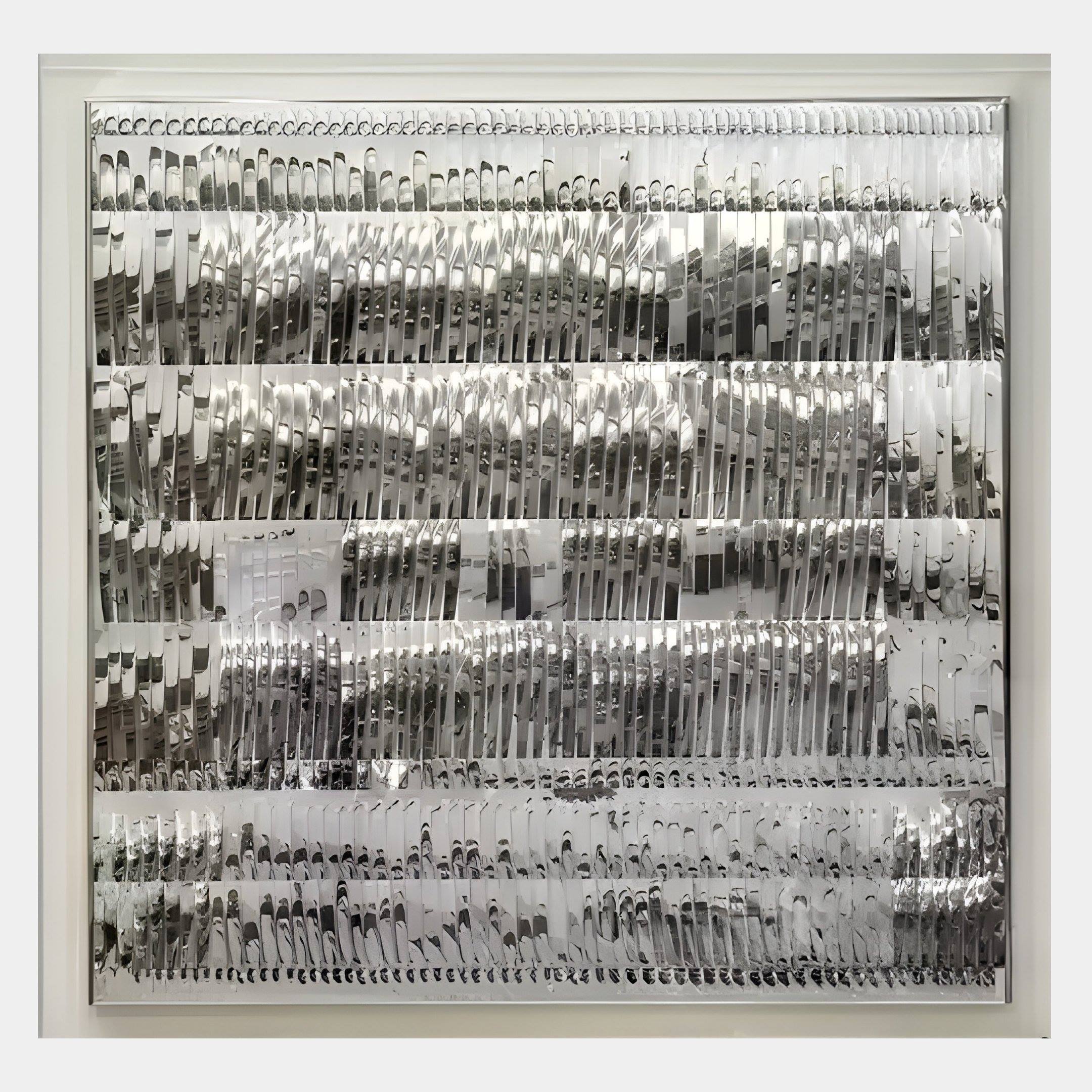 The Rhythm II Silver Layered Stripe Leather 3D Wall Art by Giant Sculptures showcases a wall-mounted display of shiny silver forks, knives, and spoons in neat rows, creating a reflective layered stripe effect.