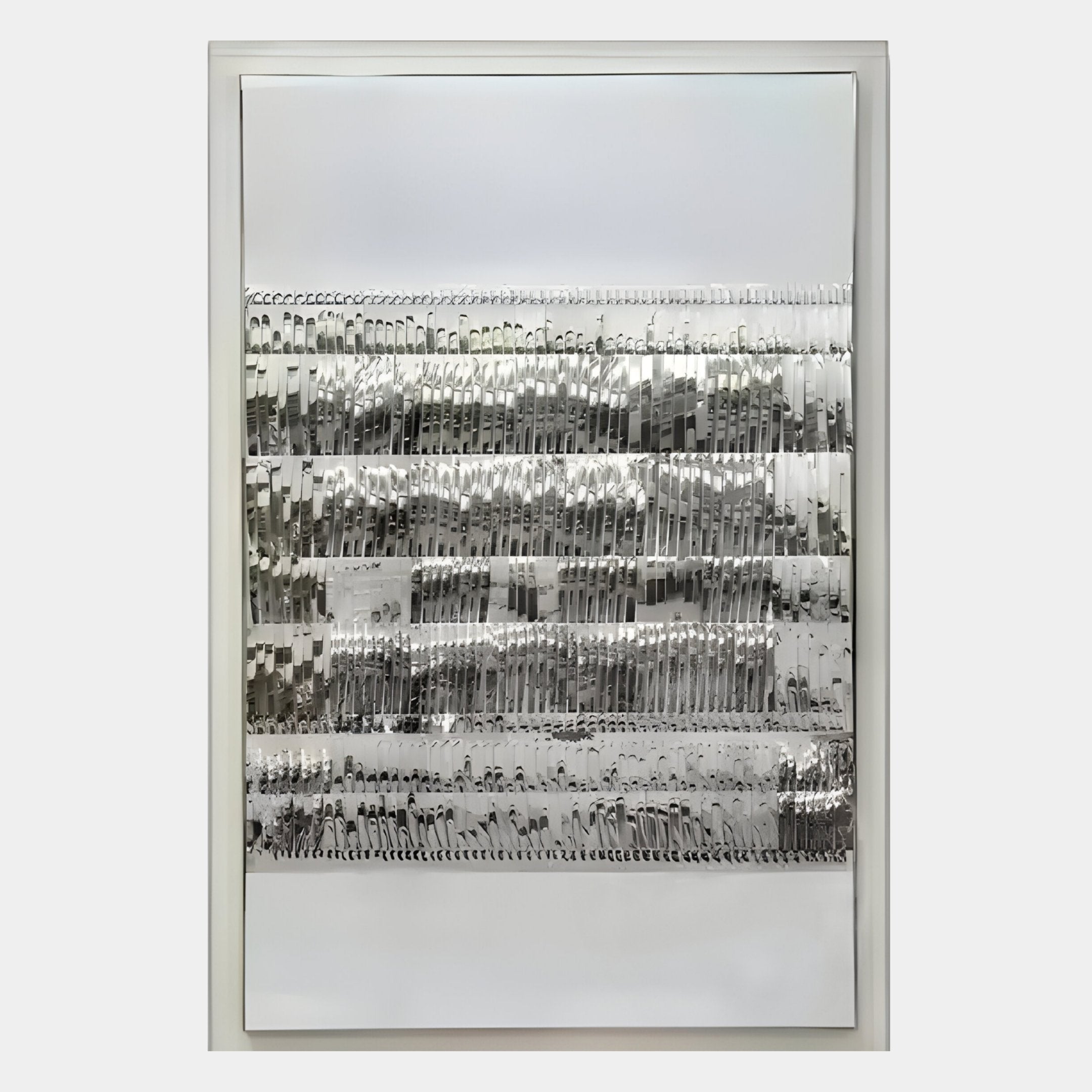 The Rhythm I Silver Layered Stripe Leather 3D Wall Art by Giant Sculptures features contemporary framed wall decor with rows of silver forks on a white background, creating a reflective, textured, stripe-like pattern.