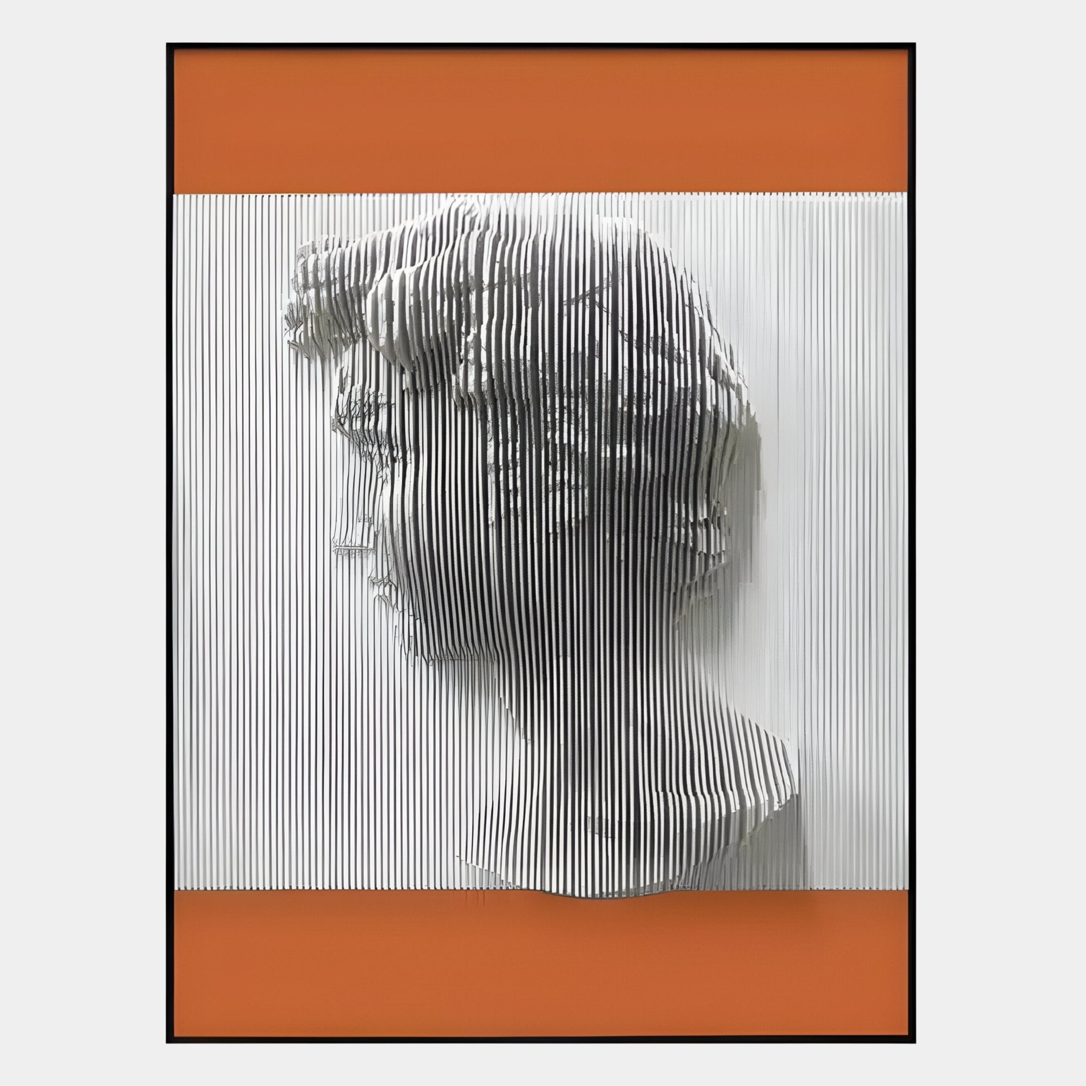 The Edge Terracotta David Bust Leather & Acrylic 3D Wall Art by Giant Sculptures features a 3D white profile of David created with vertical slats set against a vibrant orange and white backdrop, delivering eye-catching optical illusion decor.
