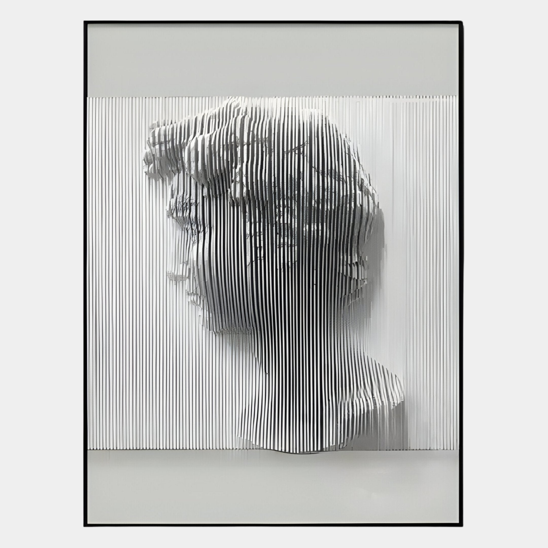The Edge Greige David Bust Leather & Acrylic 3D Wall Art by Giant Sculptures features a modern, classical male profile crafted with vertical white slats for a bold 3D effect against a white backdrop, framed in black.