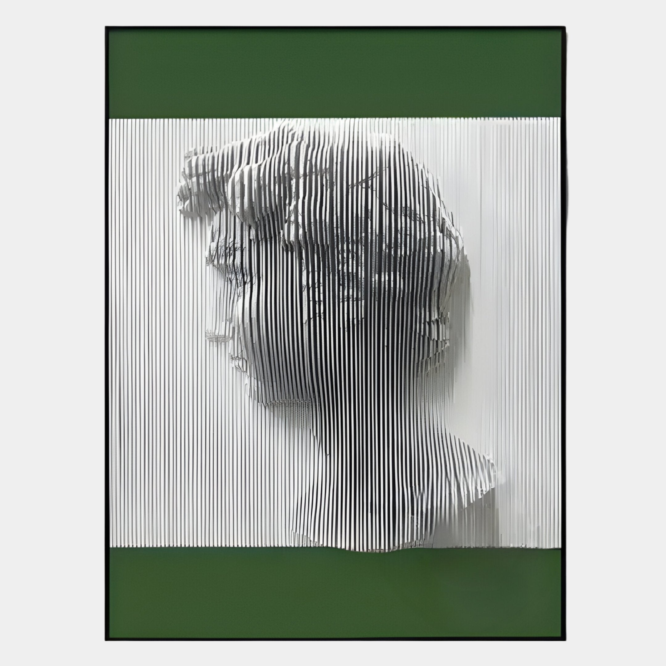 The Edge Forest Green David Bust Leather & Acrylic 3D Wall Art by Giant Sculptures features a white sculpted David in profile, fragmented by vertical lines, centered on a green and white background—ideal for abstract modern Renaissance décor.