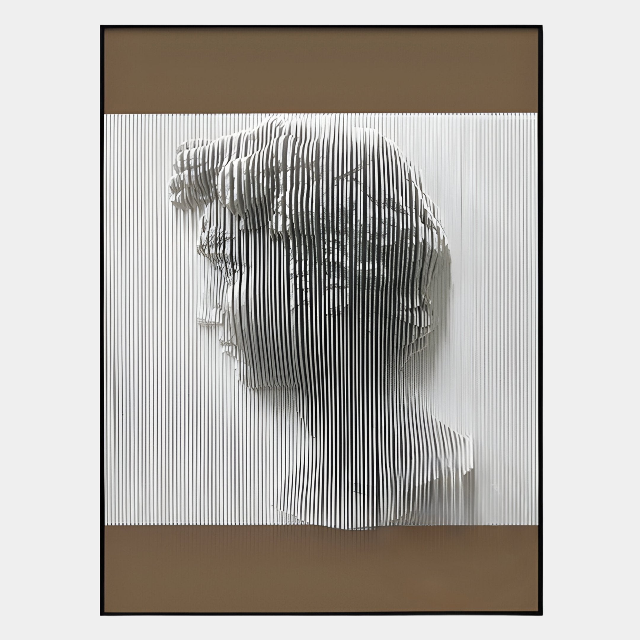 The Edge Earth Brown David Bust Leather & Acrylic 3D Wall Art by Giant Sculptures features a classical profile portrait crafted from vertical white slats, creating an optical illusion on a brown and white background.