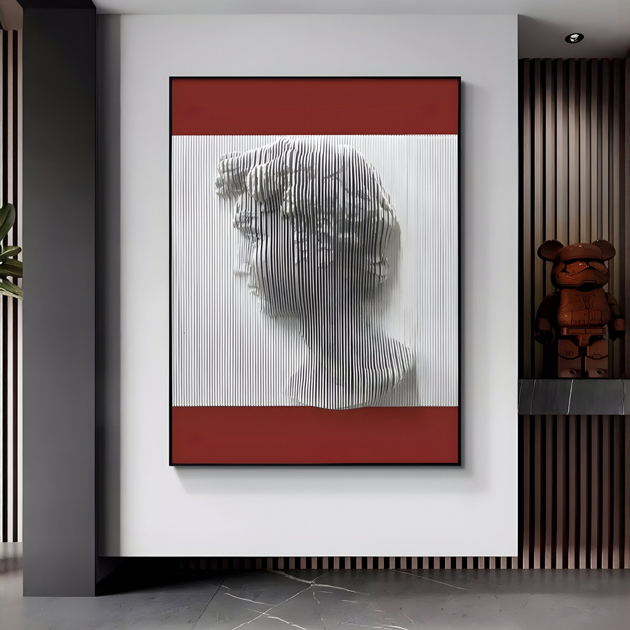The Edge Deep Crimson David Bust Leather & Acrylic 3D Wall Art by Giant Sculptures features a modern David profile formed by vertical lines with bold red accents, while a brown bear figurine on the shelf below complements the decor.