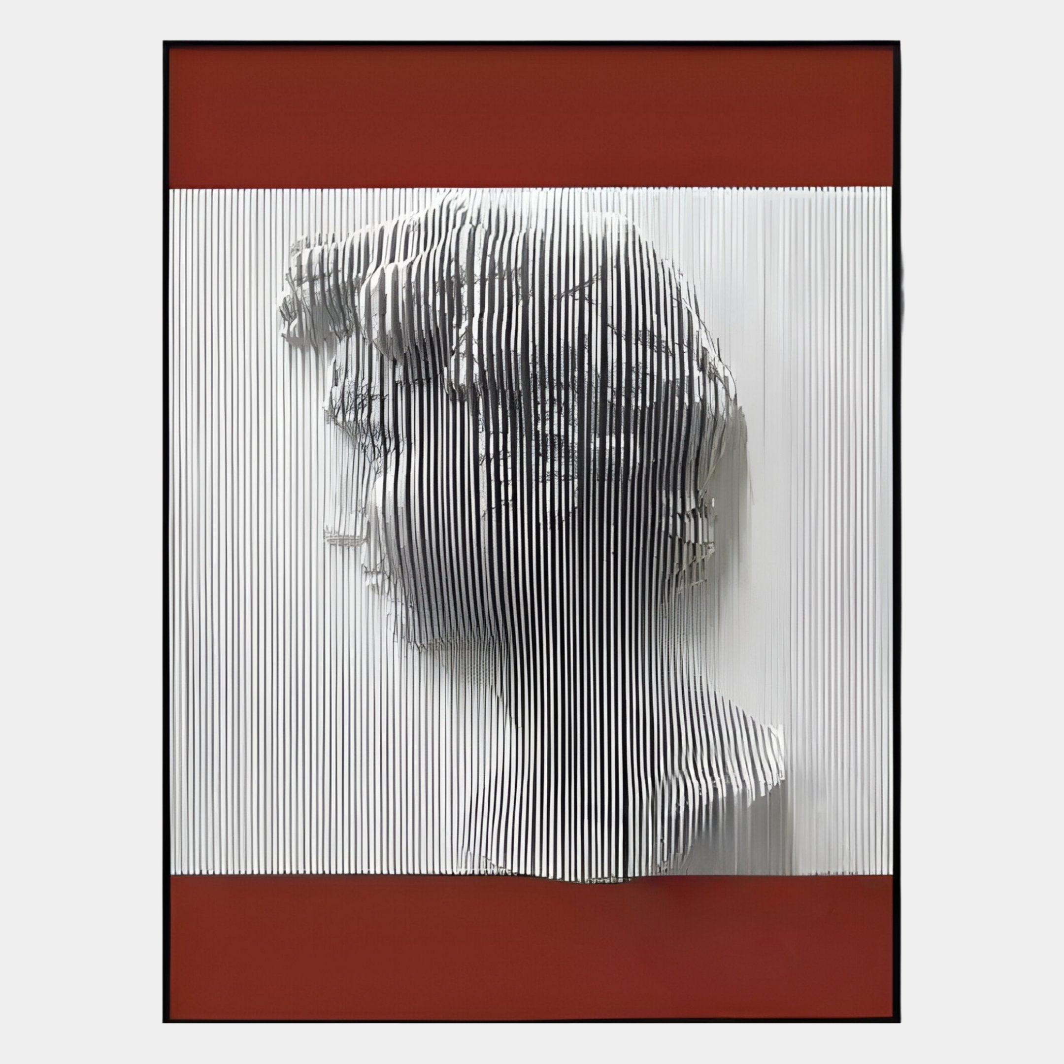 The Edge Deep Crimson David Bust Leather & Acrylic 3D Wall Art by Giant Sculptures features a classical head in white slats, set against bold red bands—ideal as contemporary décor or striking 3D wall art.