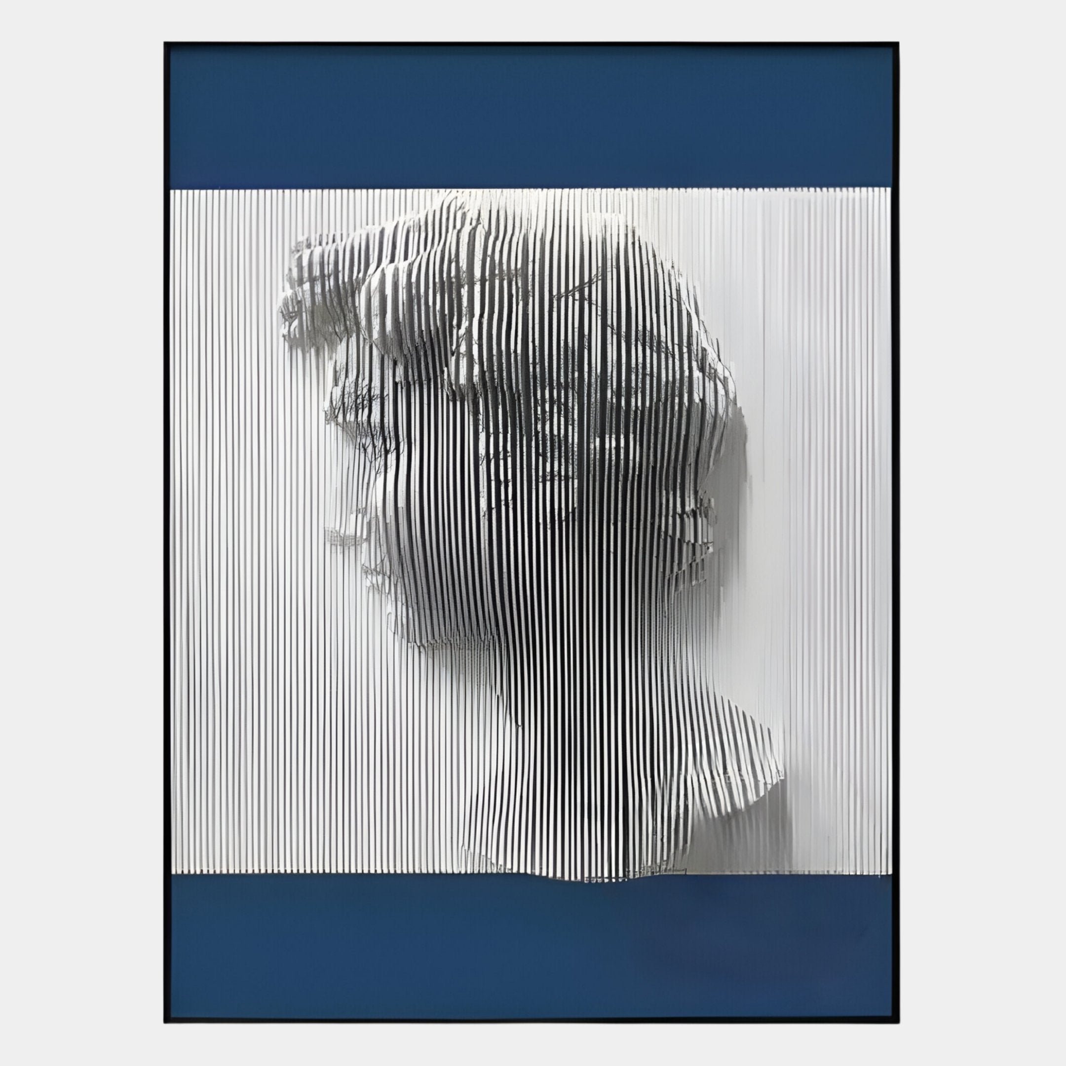 The Edge Royal Blue David Bust Leather & Acrylic 3D Wall Art by Giant Sculptures features a classical head profile made from vertical white acrylic slats, set against a blue and white background and framed in black.