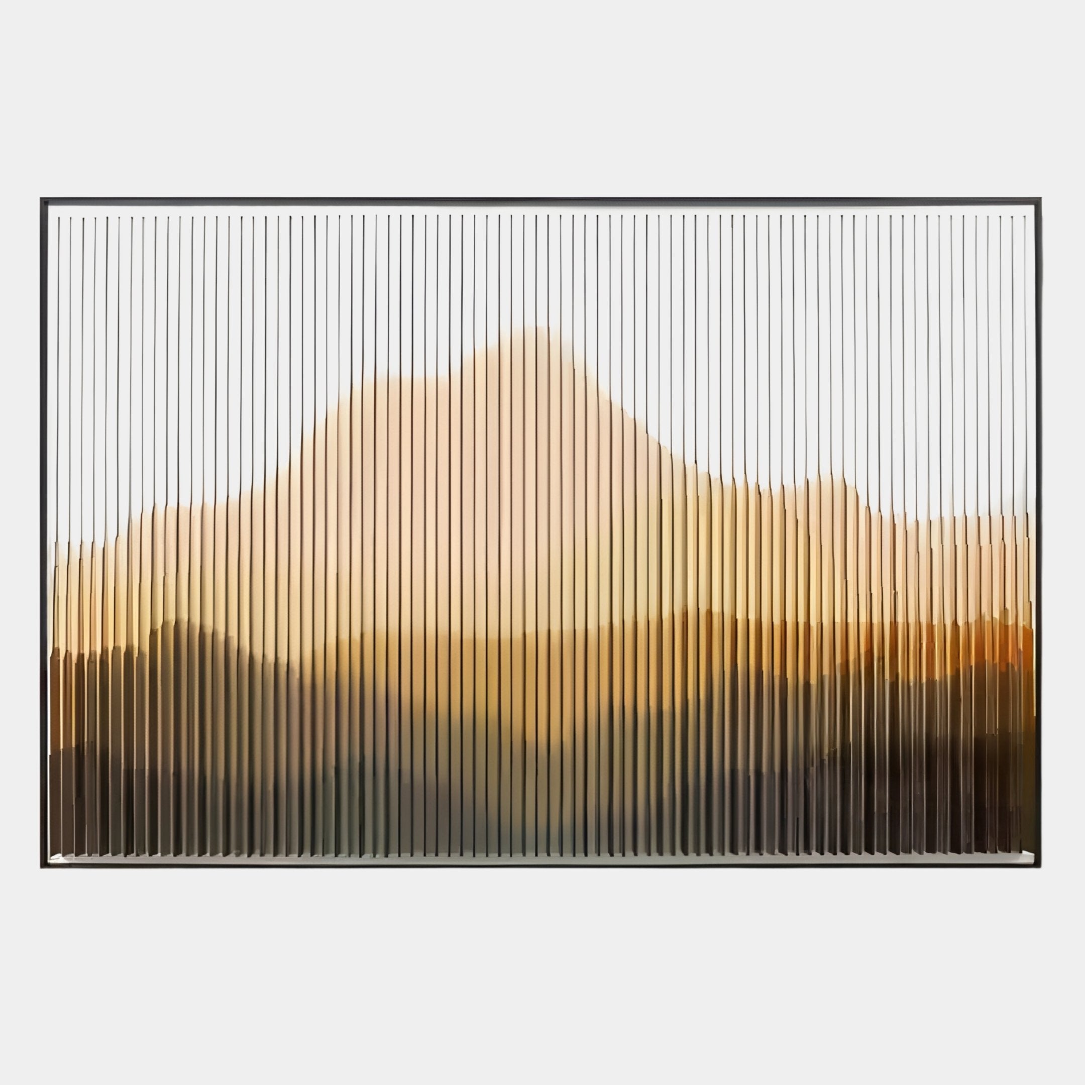 The Horizon Amber Ridge Mountain Acrylic 3D Wall Art by Giant Sculptures showcases vertical, evenly spaced lines forming a wavy, abstract silhouette in warm orange and brown tones, evoking a mountain landscape at sunset.