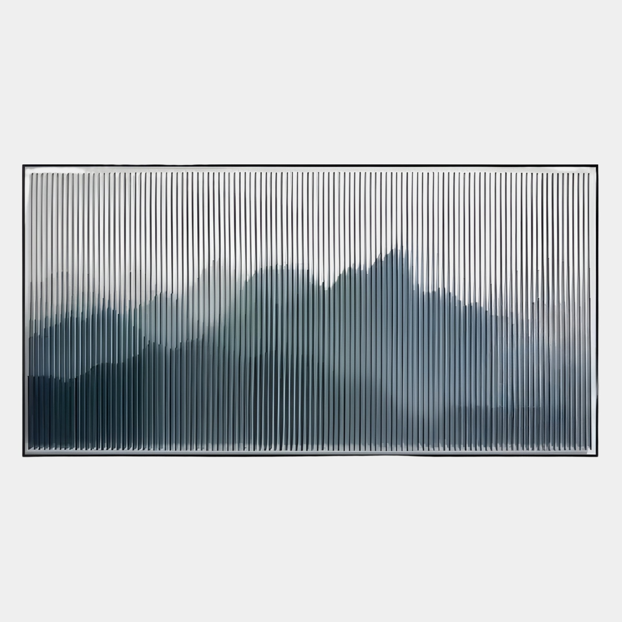 The Horizon II Slate Mist Mountain Acrylic 3D Wall Art by Giant Sculptures features abstract blue and gray mountain scenes with vertical black lines, creating a modern and misty landscape perfect for stylish décor.