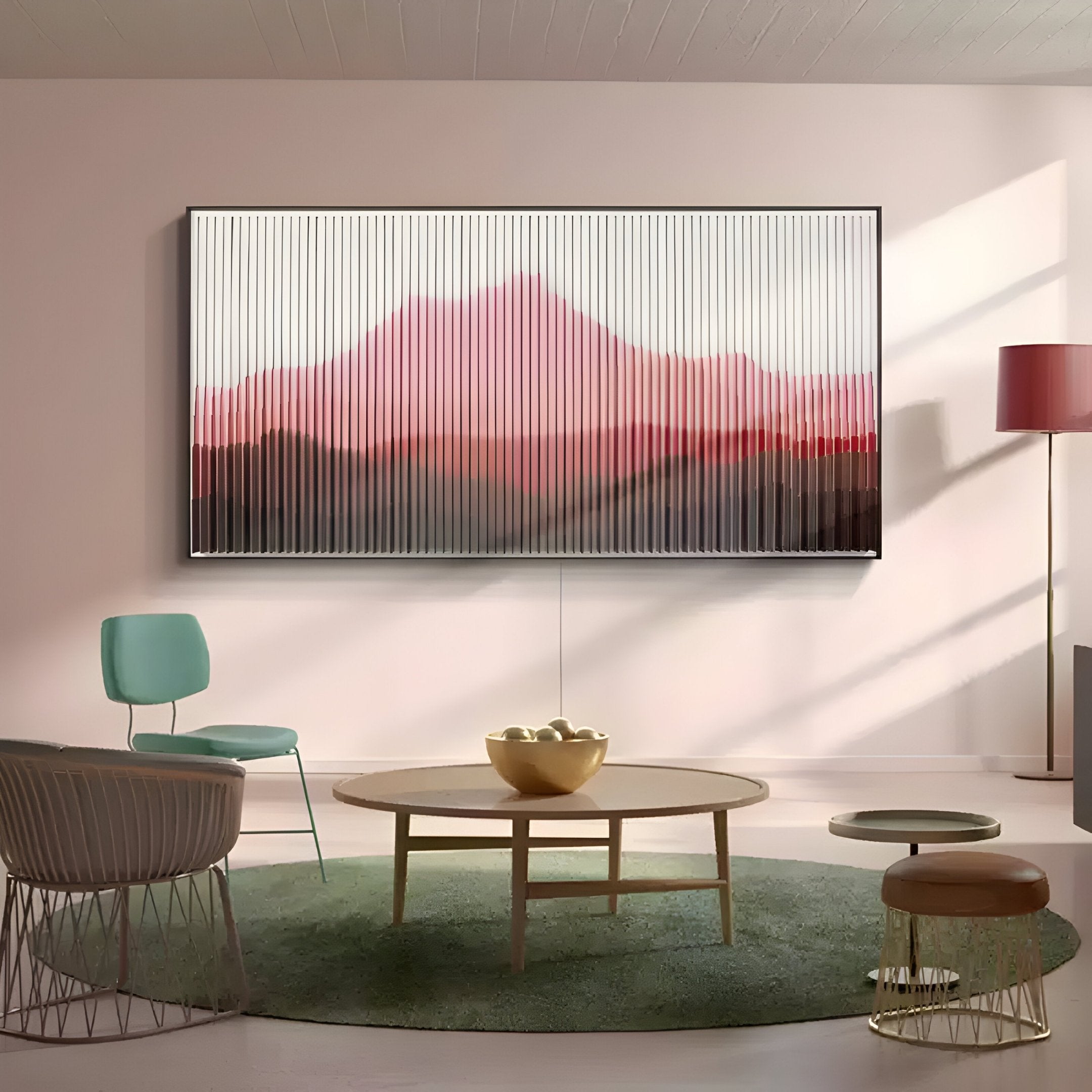 A modern living room with pastel furniture, a round coffee table holding apples, and contemporary wall decor—Giant Sculptures Horizon Crimson Dusk Mountain Acrylic 3D Wall Art—adorned with red and pink tones. Light enters from the right.