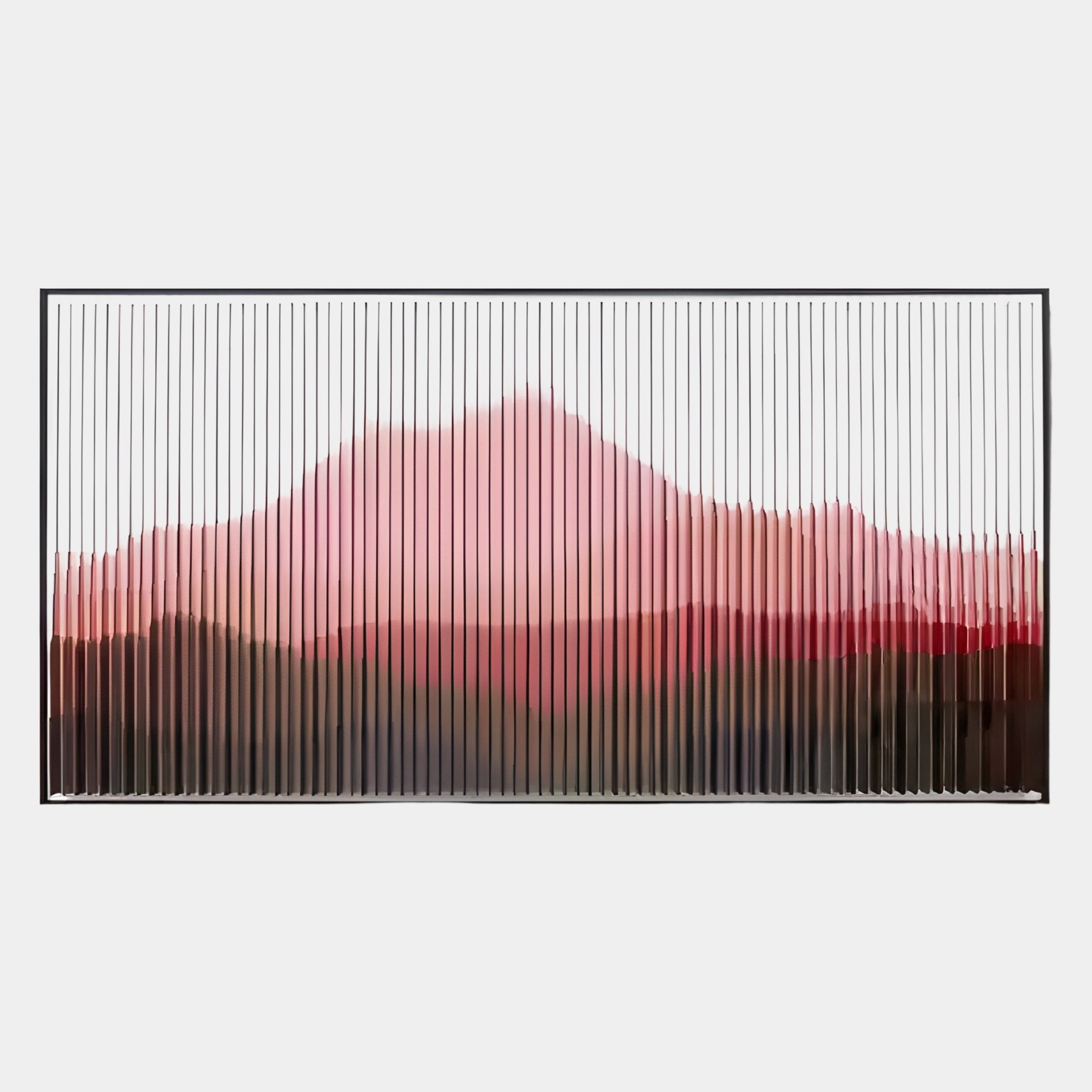 The Horizon Crimson Dusk Mountain Acrylic 3D Wall Art by Giant Sculptures features a framed abstract mountain landscape with vertical lines in pink, red, and dark brown—an elegant contemporary decor piece inspired by sunset views.