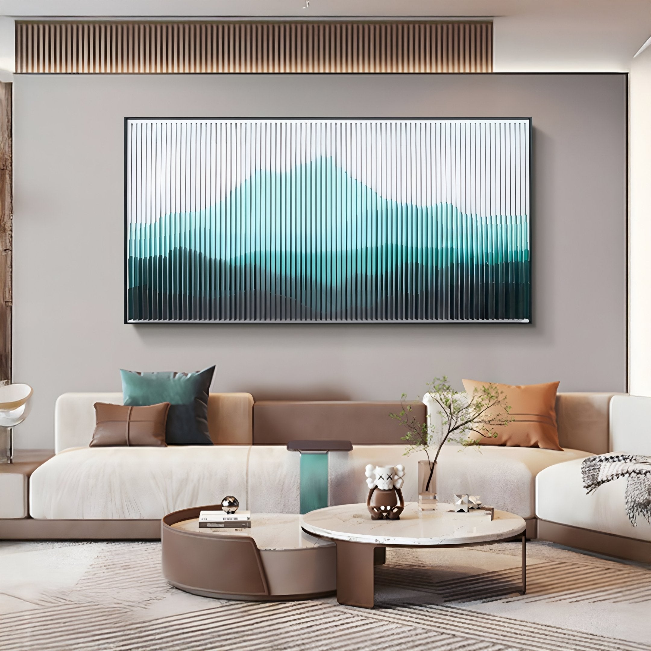 A modern living room featuring the Horizon Jade Mist Mountain Acrylic 3D Wall Art by Giant Sculptures in teal and white tones, neutral sofas with colorful cushions, a round coffee table, and minimalist decor accents.