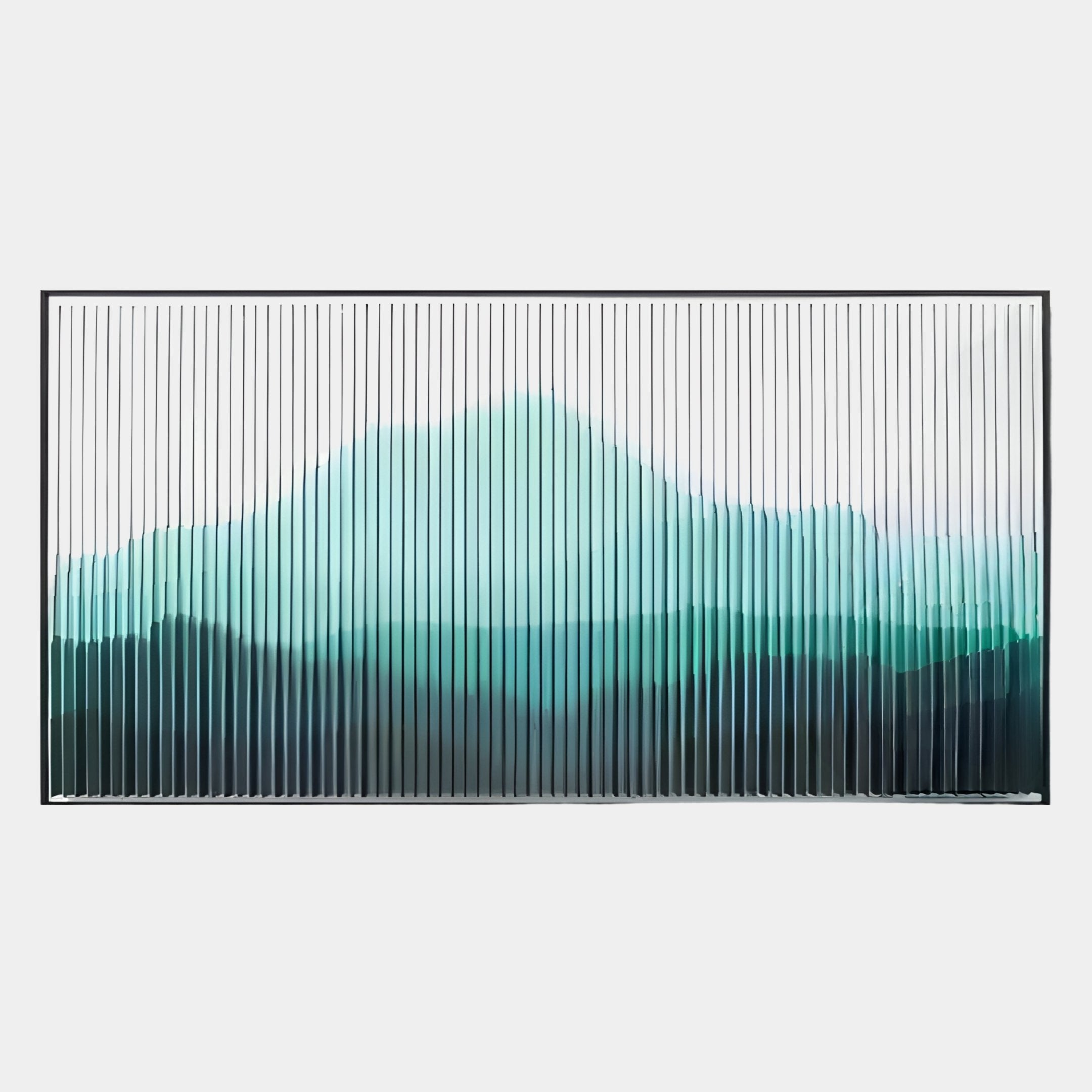 The Horizon Jade Mist Mountain Acrylic 3D Wall Art by Giant Sculptures features vertical lines over a teal and green gradient, resembling a blurred mountain landscape. Elegantly framed in thin black, its a modern statement for any space.